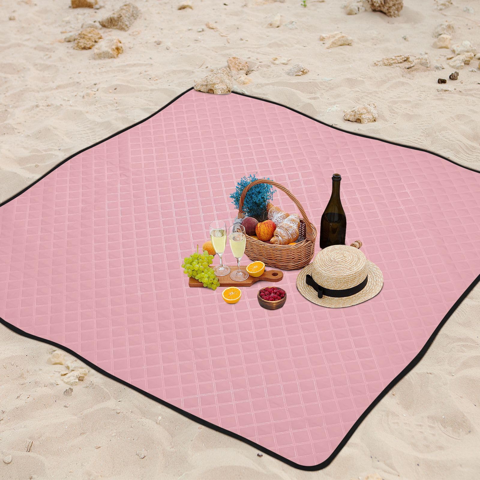 Juego de picnic impermeable de color rosa claro, color liso, XXL, accesorios de picnic al aire libre para artículos de picnic en el suelo, manta para picnic