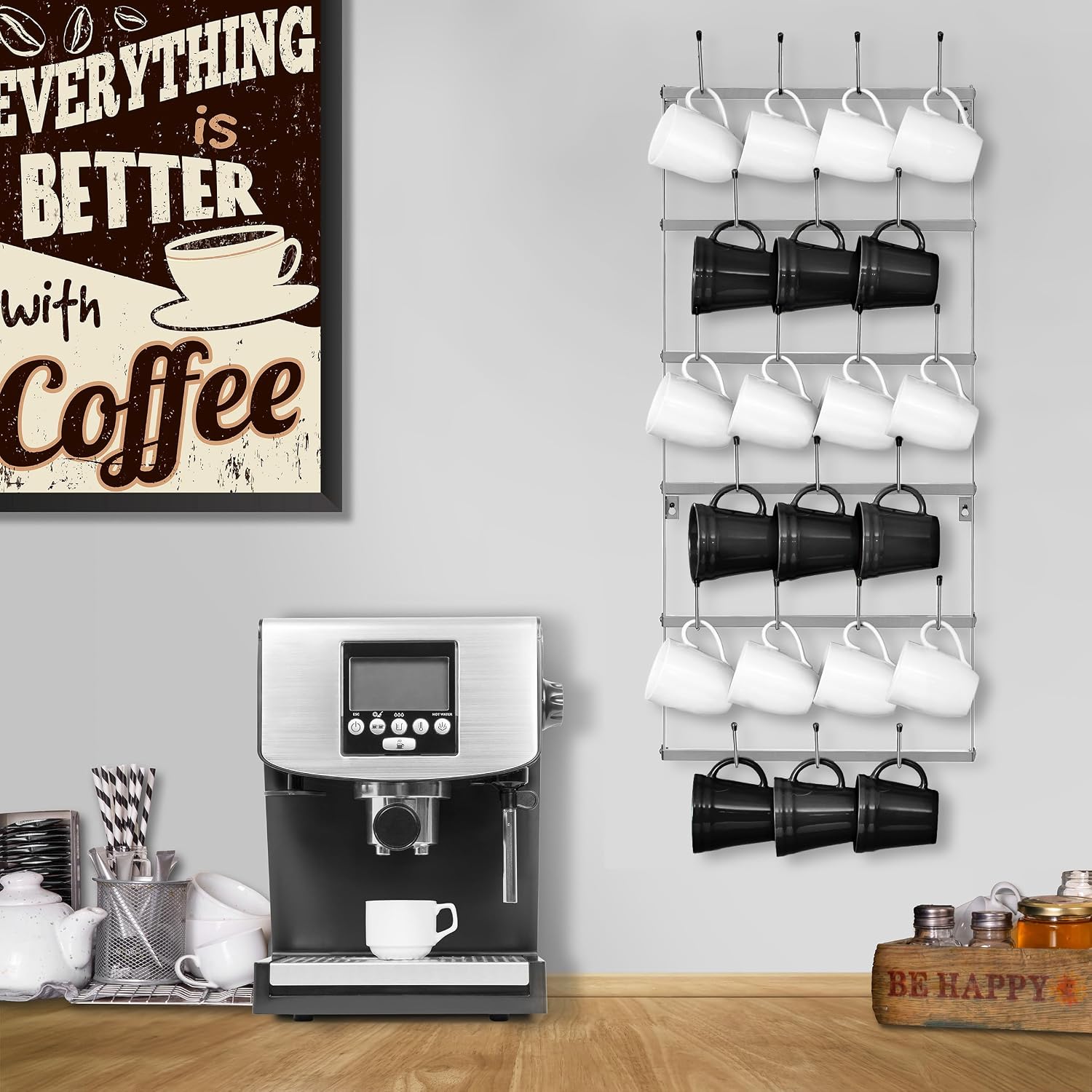 Sorbus Mug Rack for Wall - Small Rustic Coffee Mug Holder Wall Mount with 21 Hooks, Coffee Cup Display Rack, 6-Tier Metal Mug Organizer for Home, Kitchen & Bar, Coffee Station, Dining Room
