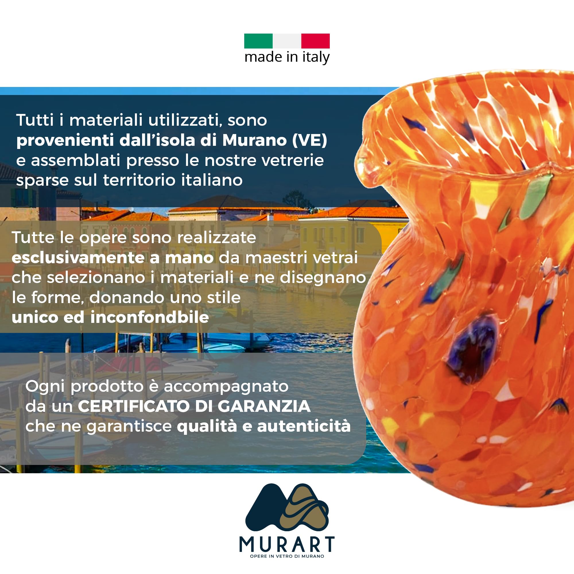 MurArt Brocca in Vetro di Murano 1000 ml Collezione MAREA Alta 15cm Lavorato a Mano