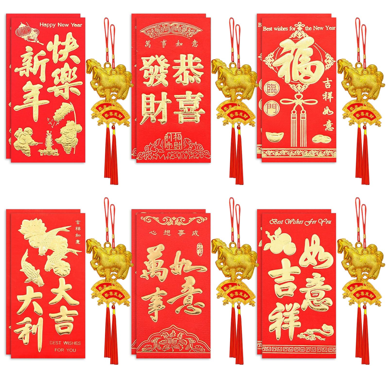 Chinese New Year Red Envelopes, 2026 Year of The Horse Lucky Money Envelopes, 12 Packs Lunar New Year Red Packet Cash Hong Bao with Fortune Horse (Chinese New Year)