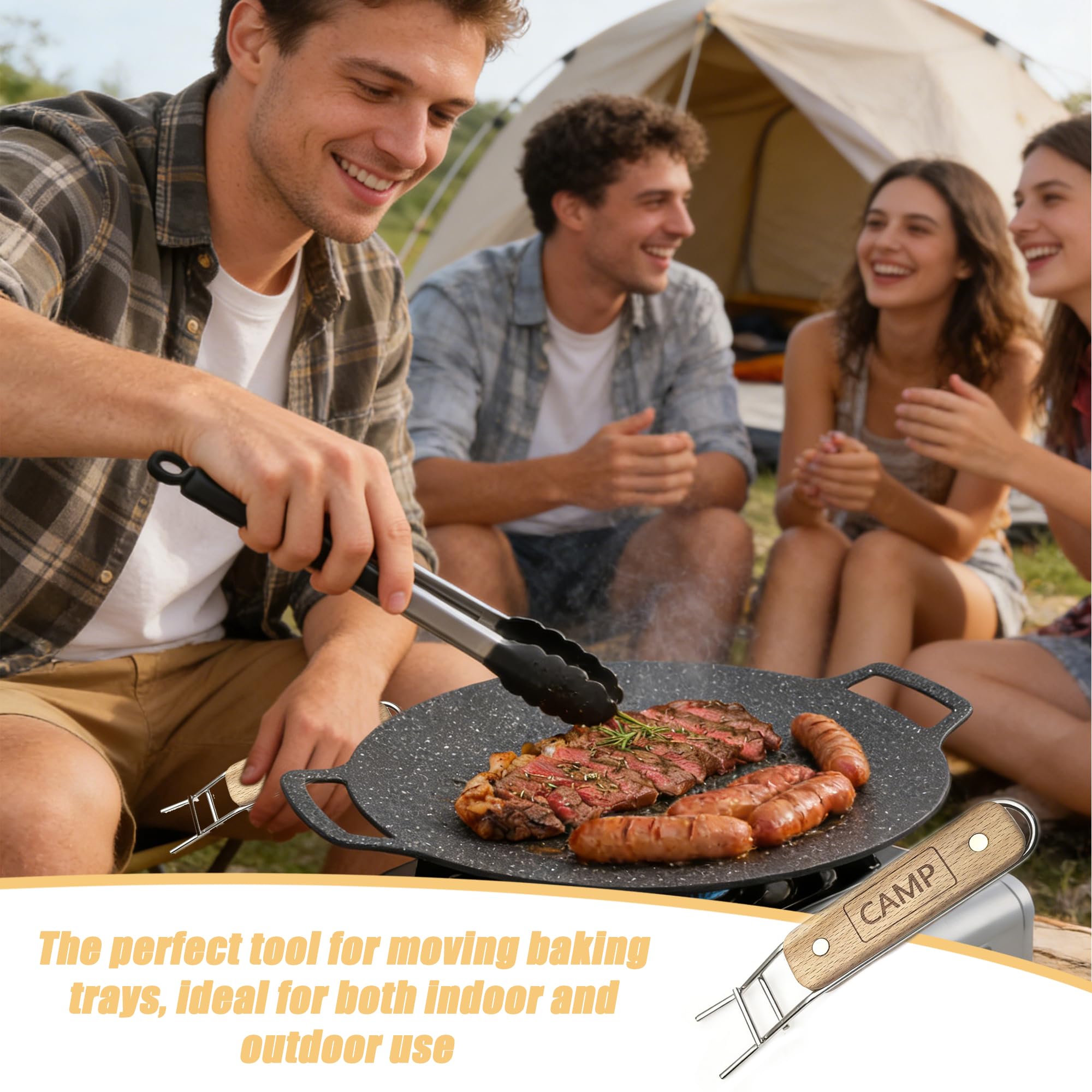 Poignée de Barbecue en Acier Inoxydable avec Lève grille en Bois Holder Anti brûlure avec Poignée en Bois pour Plaque de Barbecue Levier de Grille de Barbecue pour camping en plein air