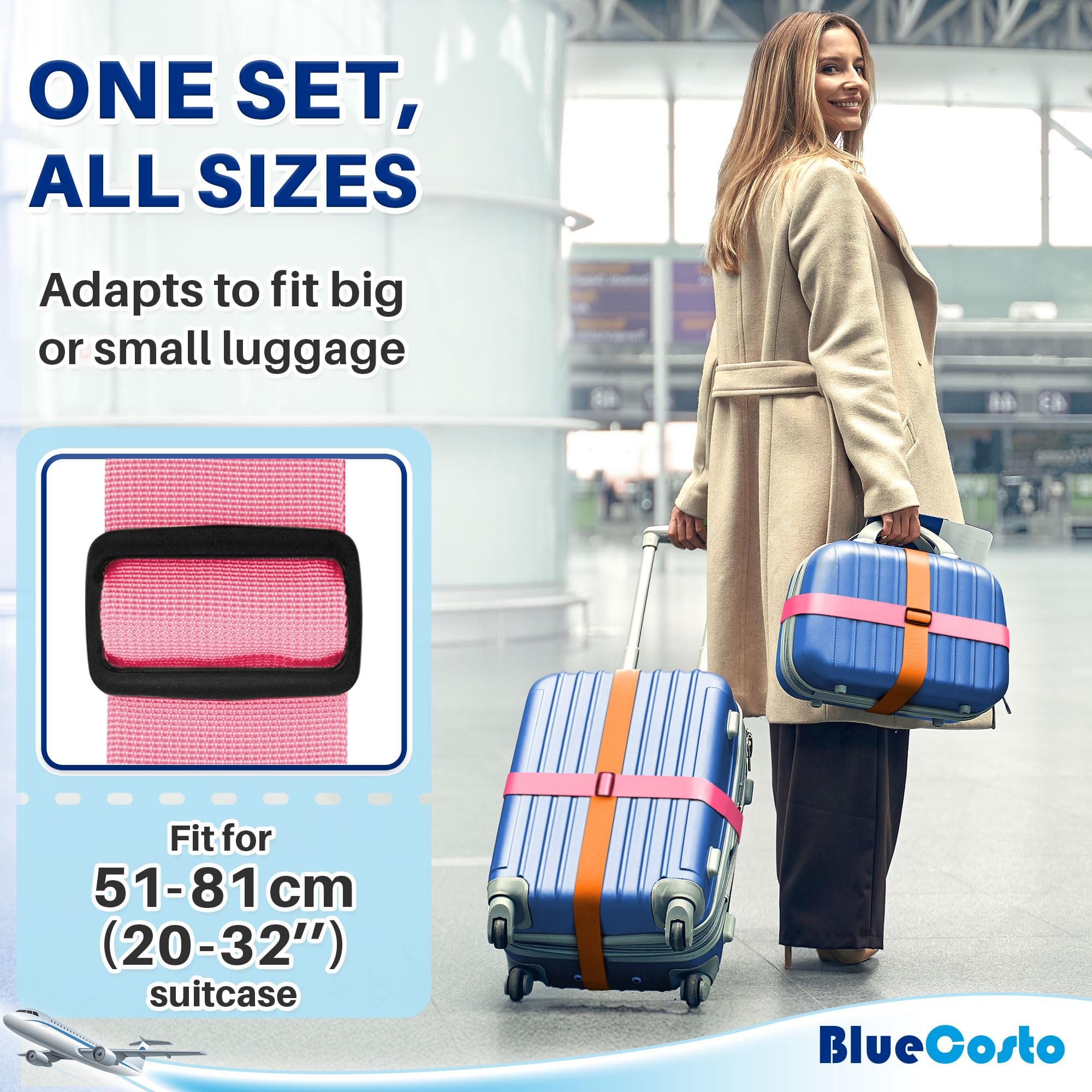 4 Cinghie Per Valigie Con Lucchetto A Combinazione - Regolabili, Nylon, Arancione E Blu, Per Viaggi - Foto 9