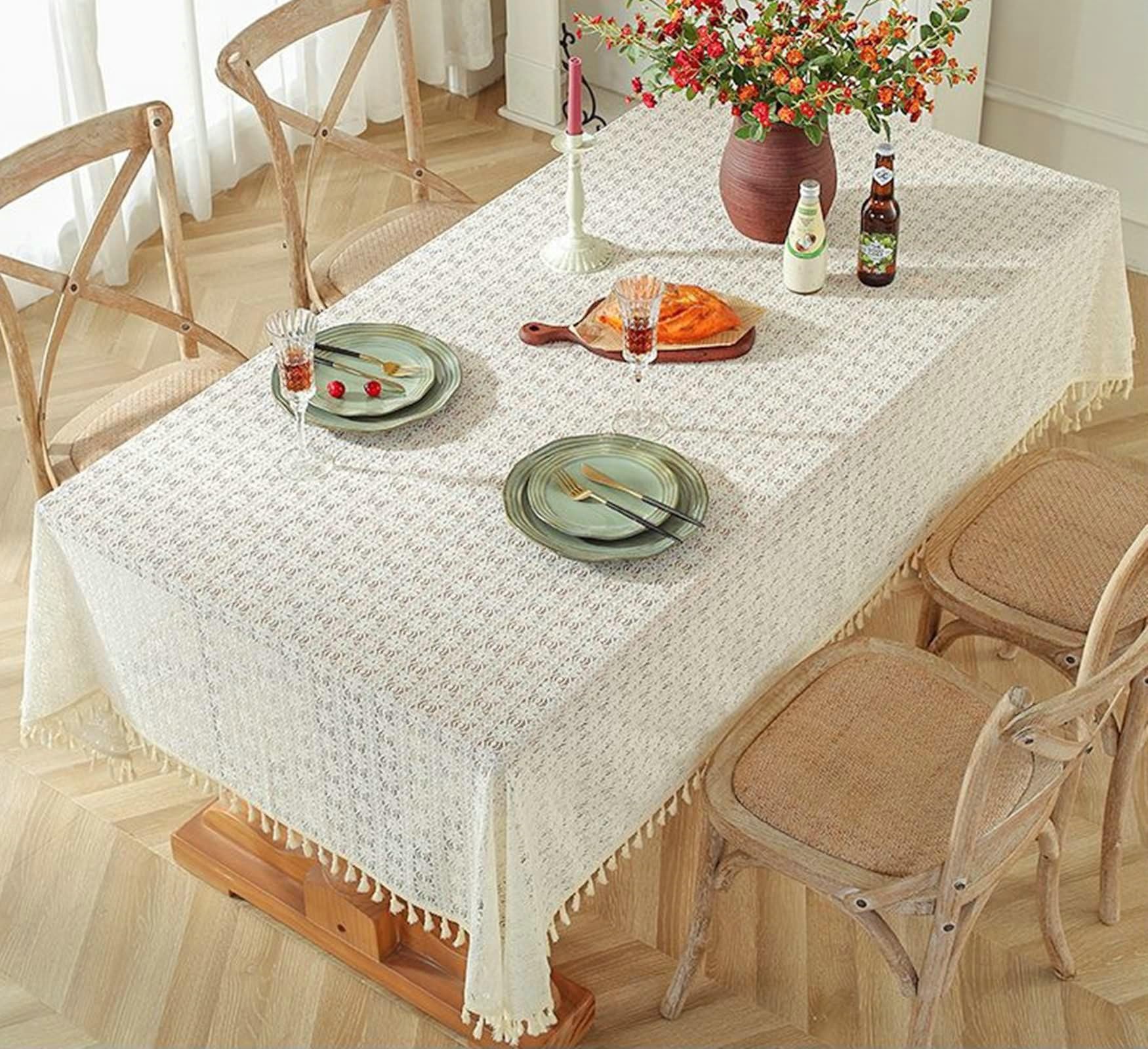Gualiy Mantel Mesa Rectangular Tela, Poliéster Algodón Manteles de Mesa Comedor 150x260CM Manteles Mesa Antimanchas Encaje Hueco con Borlas Manteles para Mesa Comedor, Beige