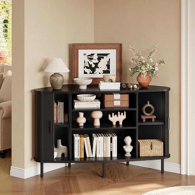 ComfyCorner 47" Corner TV Stand, Corner Cabinet with Sliding Door, Black image 4