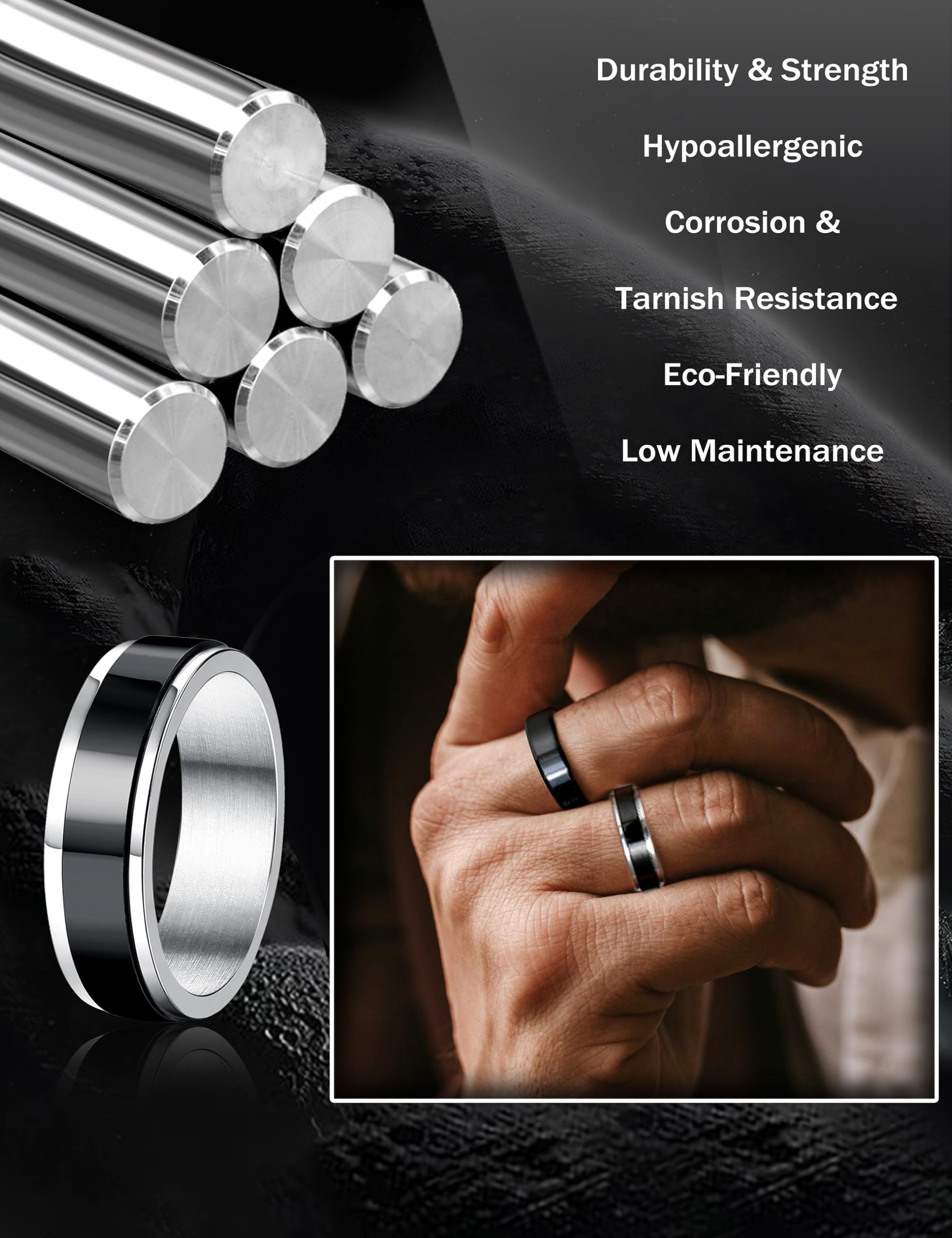 MILACOLATO 16 PCS Bague Homme Acier Inoxydable Noir Tournante Chaîne Rock Bague Vintage Gothique Anneaux en Fiber de Carbone Bagues Dragon Celtique Bleu Mariage Promise Bande Anneau Taille 52-70