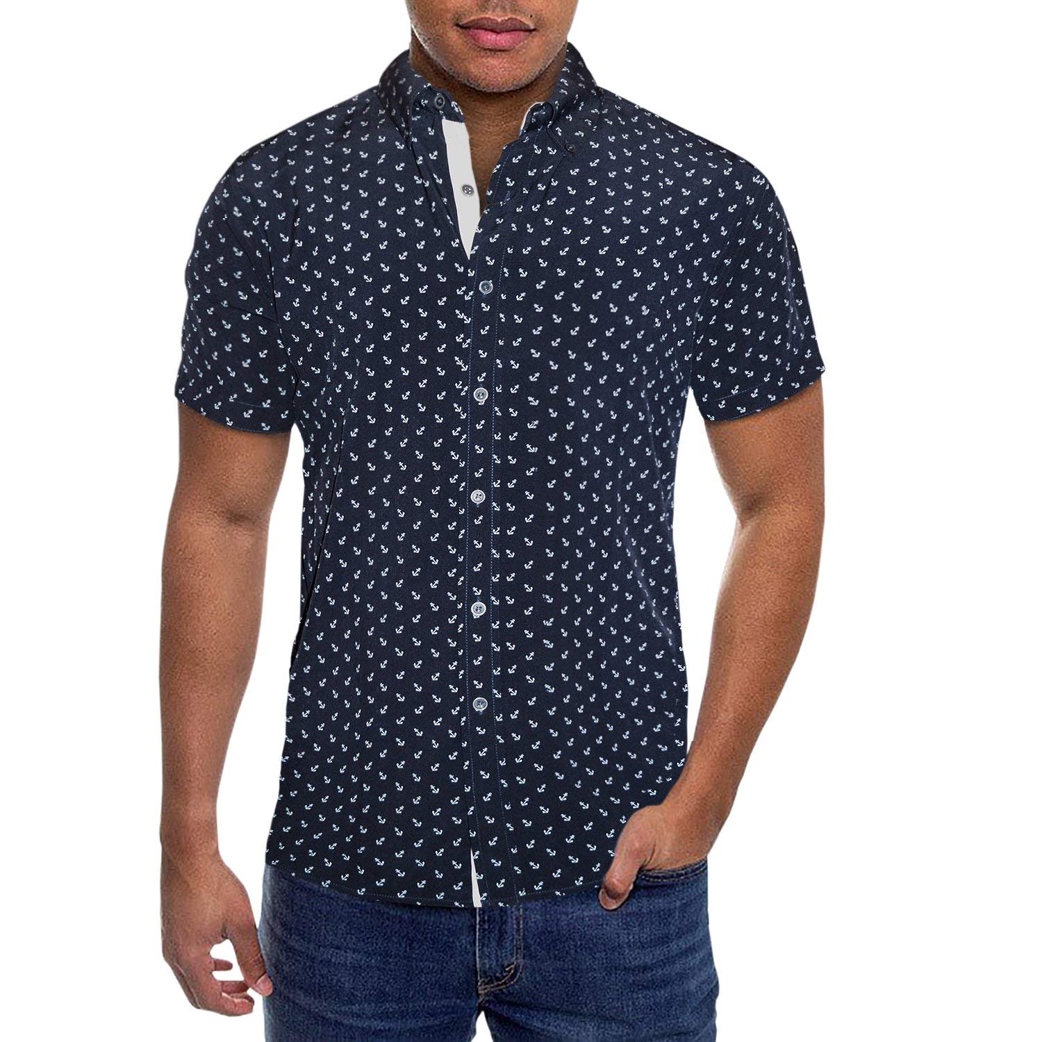 ETHANOLMens Slim Fit Short Sleeve Button Down Polo Tech Stretch Printed Shirt