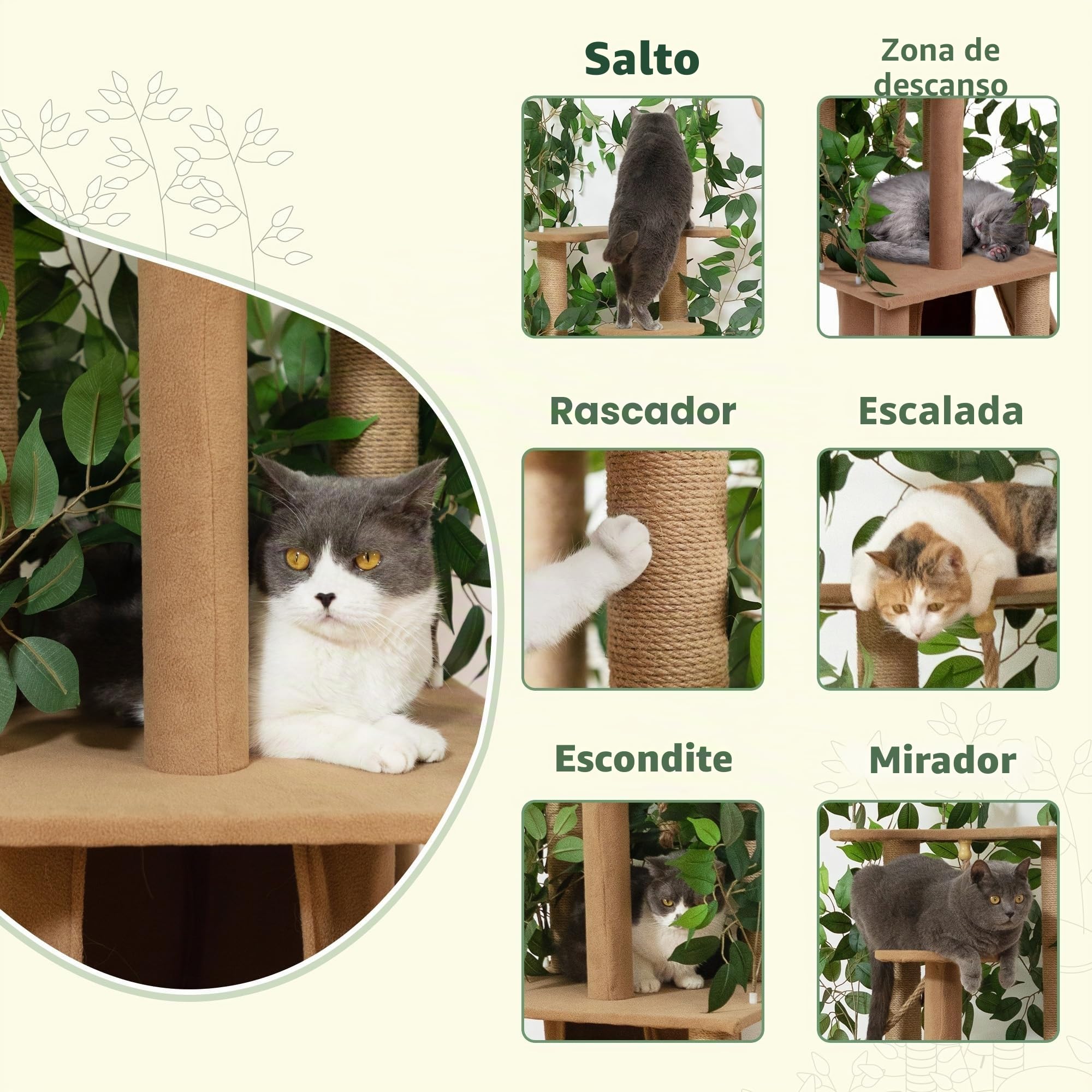 Ultra alto Árbol para gatos de 5 niveles (195 cm) – Árbol rascador de madera natural con plantas verdes artificiales, versátil para la diversión natural de trepar