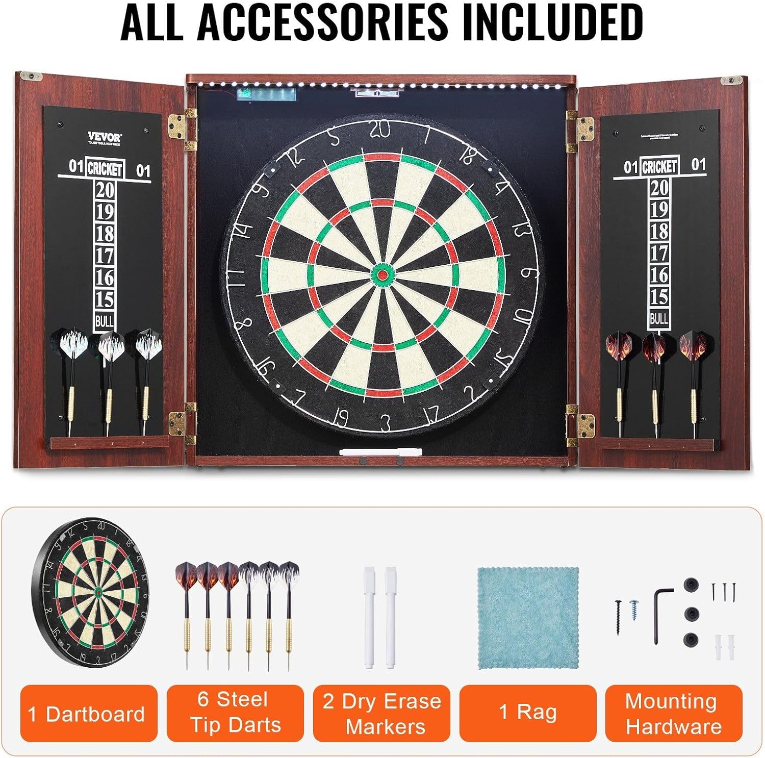 Dartboard and Cabinet Set Official Size Complete Accessory Steel Tip Dart