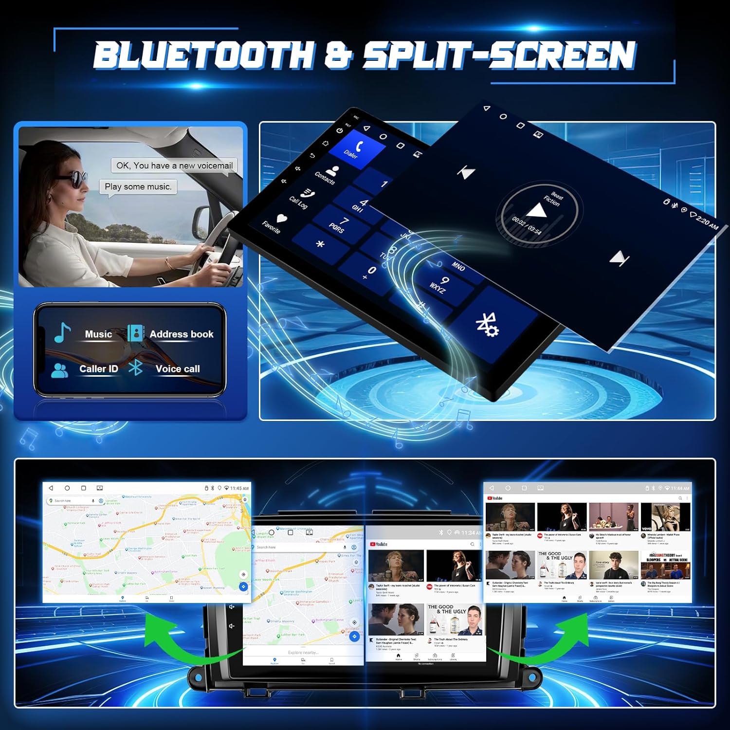 Screenshots showing Bluetooth calling and music playback, and split-screen functionality
