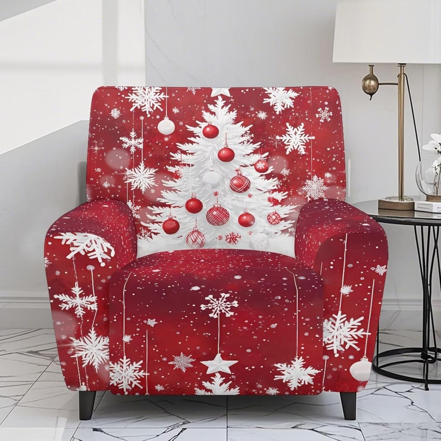Recliner Chair Covers Slipcovers Christmas Tree Reclinable Chair Cover Soft Fitted Sofa Couch Cover Washable Furniture Protector with Elastic Bottom Kids Pet Christmas Red