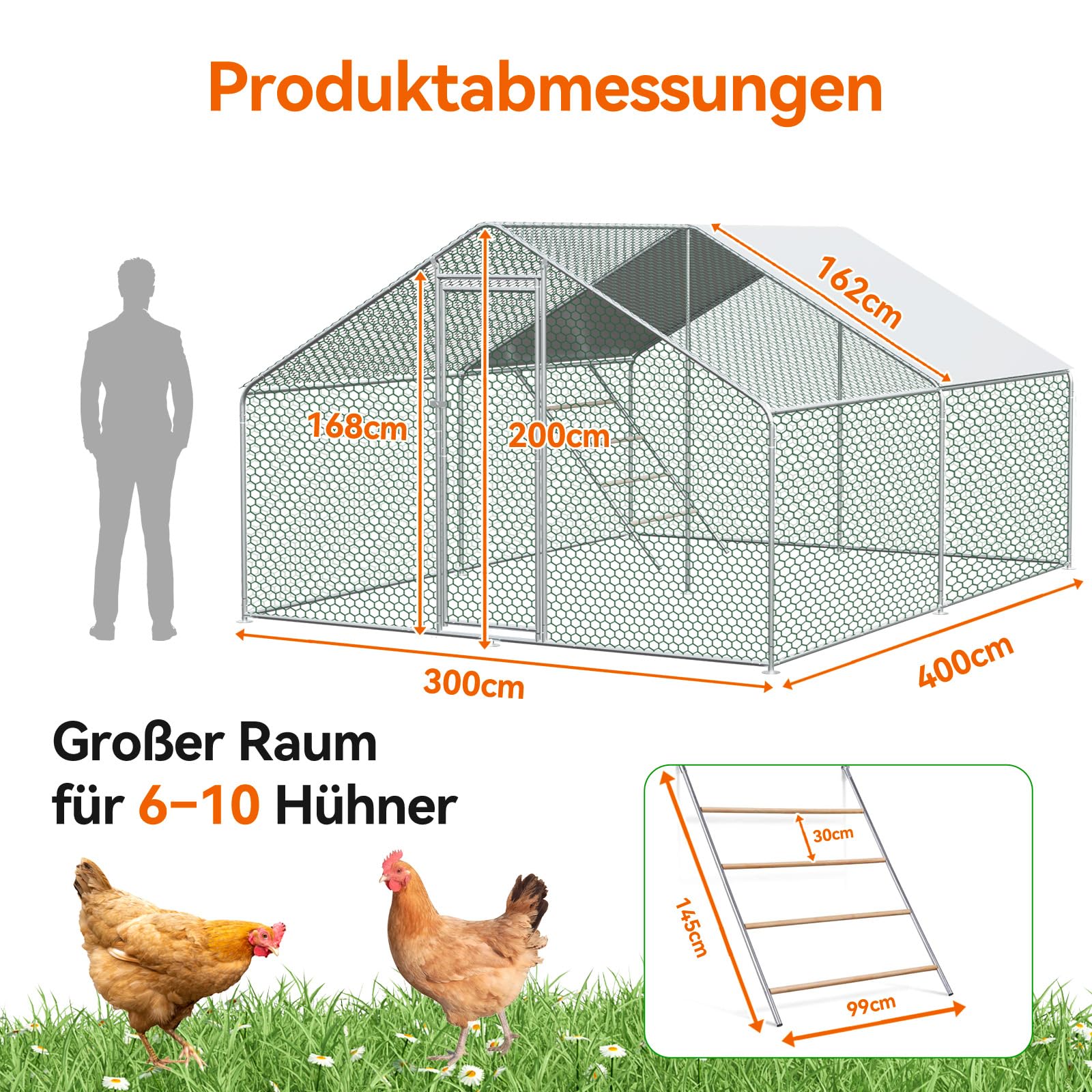 Hühnerstall mit Leiter, 3 x 4 x 2 Meter, Verzinkter Stahl, Freilaufgehege Tiergehege für Hühner Hasen, Kleintiergehege mit Obere Stützstange, Sonnenschutzdach und Tür für Hühner Ente Kleintiere
