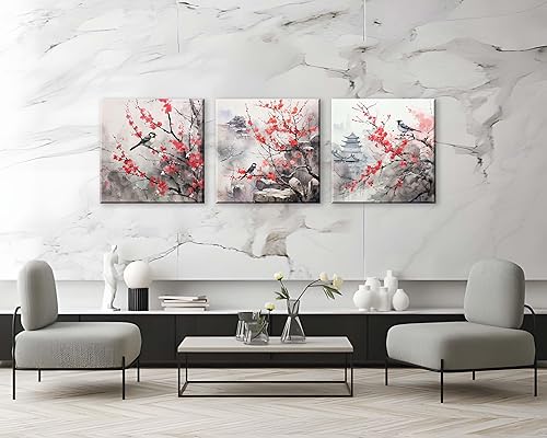 Miniatura 5 de Acuarela de estilo asiático tradicional chino arte de pared pájaro en flor de cerezo rojo, decoración de paisaje floral oriental, pintura de flores,