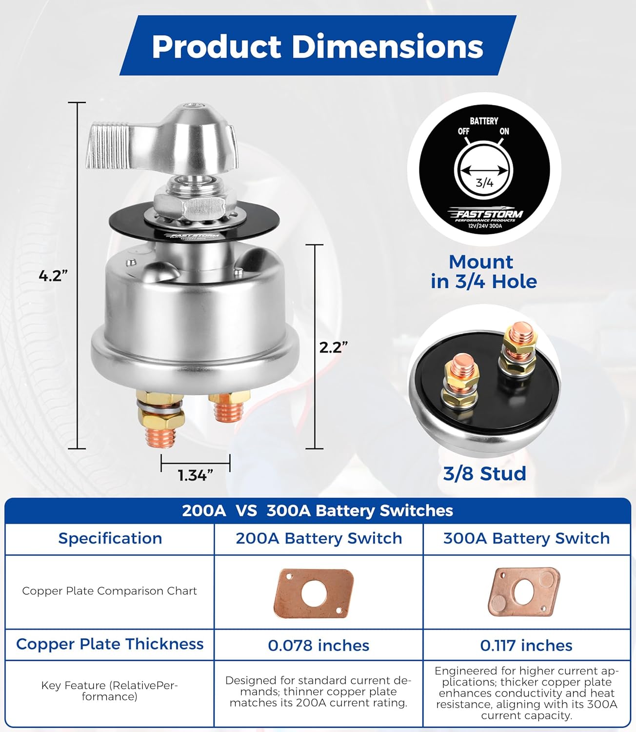 300A Heavy Duty Battery Disconnect Switch (12V-48V) & 2 AWG Cable Kit Combo: IP67 Waterproof Cut Off Isolator + 1FT Pair OFC Pure Copper Inverter Wire w/3/8” Lugs for Auto Solar Marine RV Boat
