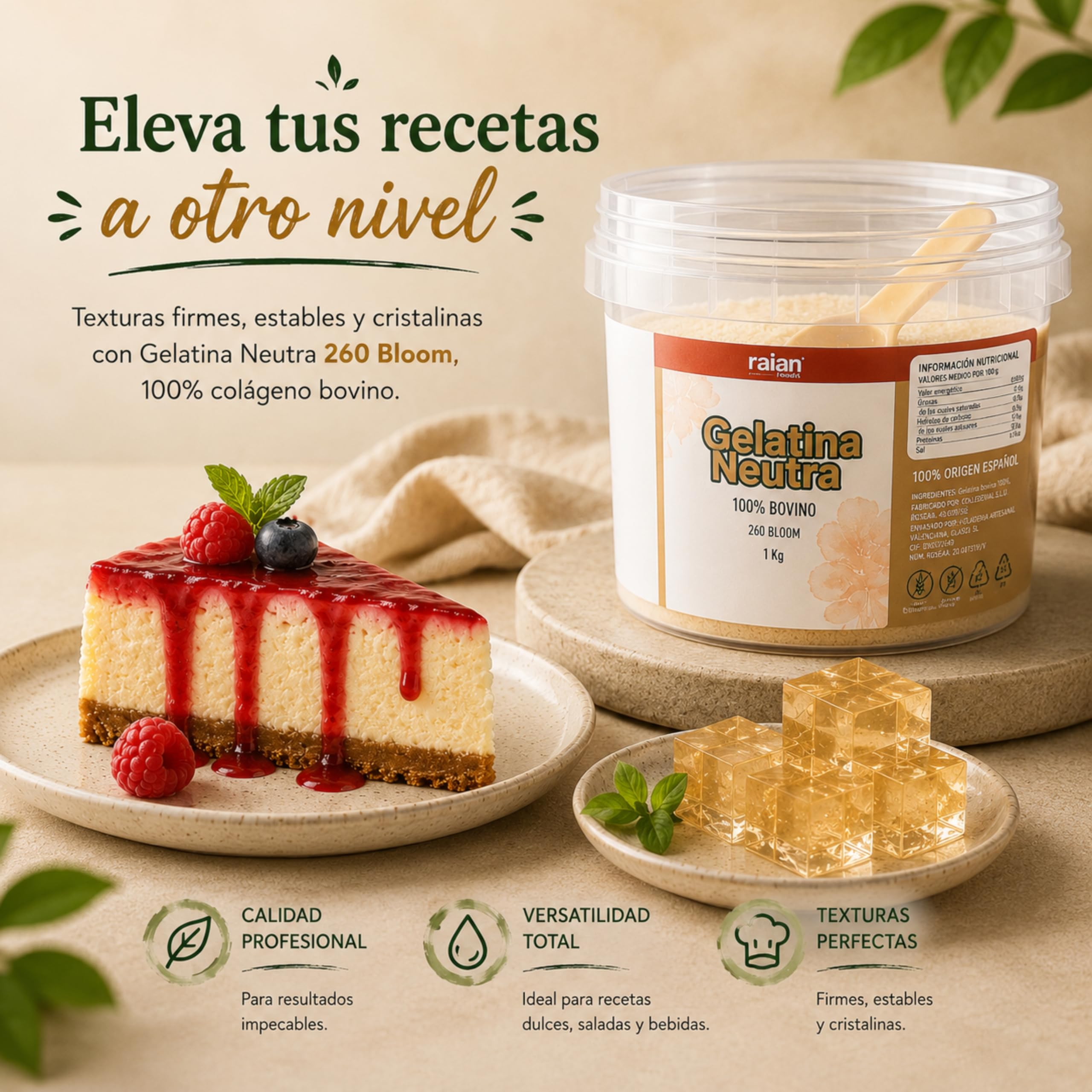 RAIAN FOODS® Gelatina Neutra en Polvo 100% Bovino 1kg 260 BLOOM Halal + Dosificador 30 ml + QR con Recetario y Contenido Exclusivo | Sin Sabor para Repostería y Cocina, Sin Azúcar, Sin Lactosa