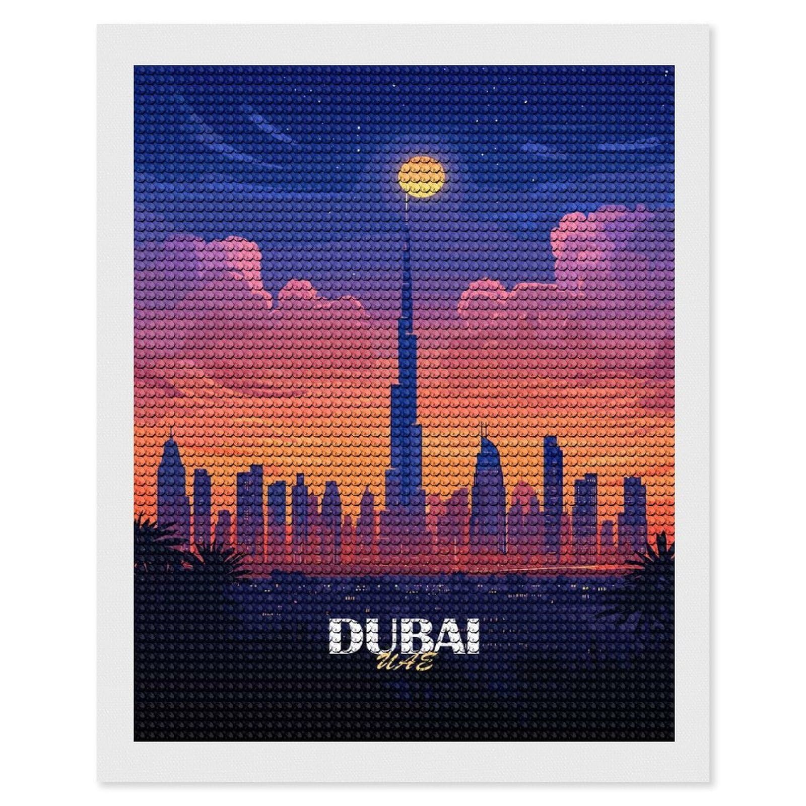 Junmoney Dubai Skyline at Sunset Diamond Painting Set 16"x20", Neat Printed Canvas, with Tool Kit, Bedroom Decor, Gift Idea, Complete Accessories