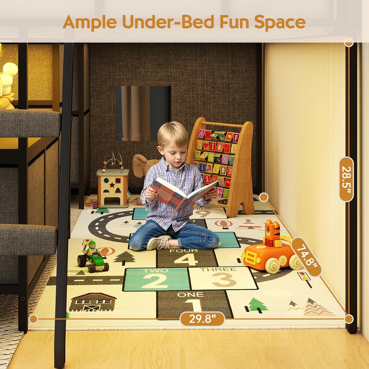 Low Loft Bed with 7 Storage Drawers and Bookcase, Twin Low Loft Bed for Kids with 14" H Safety Guardrail, Inclined Ladder and LED Lights, Under-Bed Play Space, Steel Slat Support, Gray