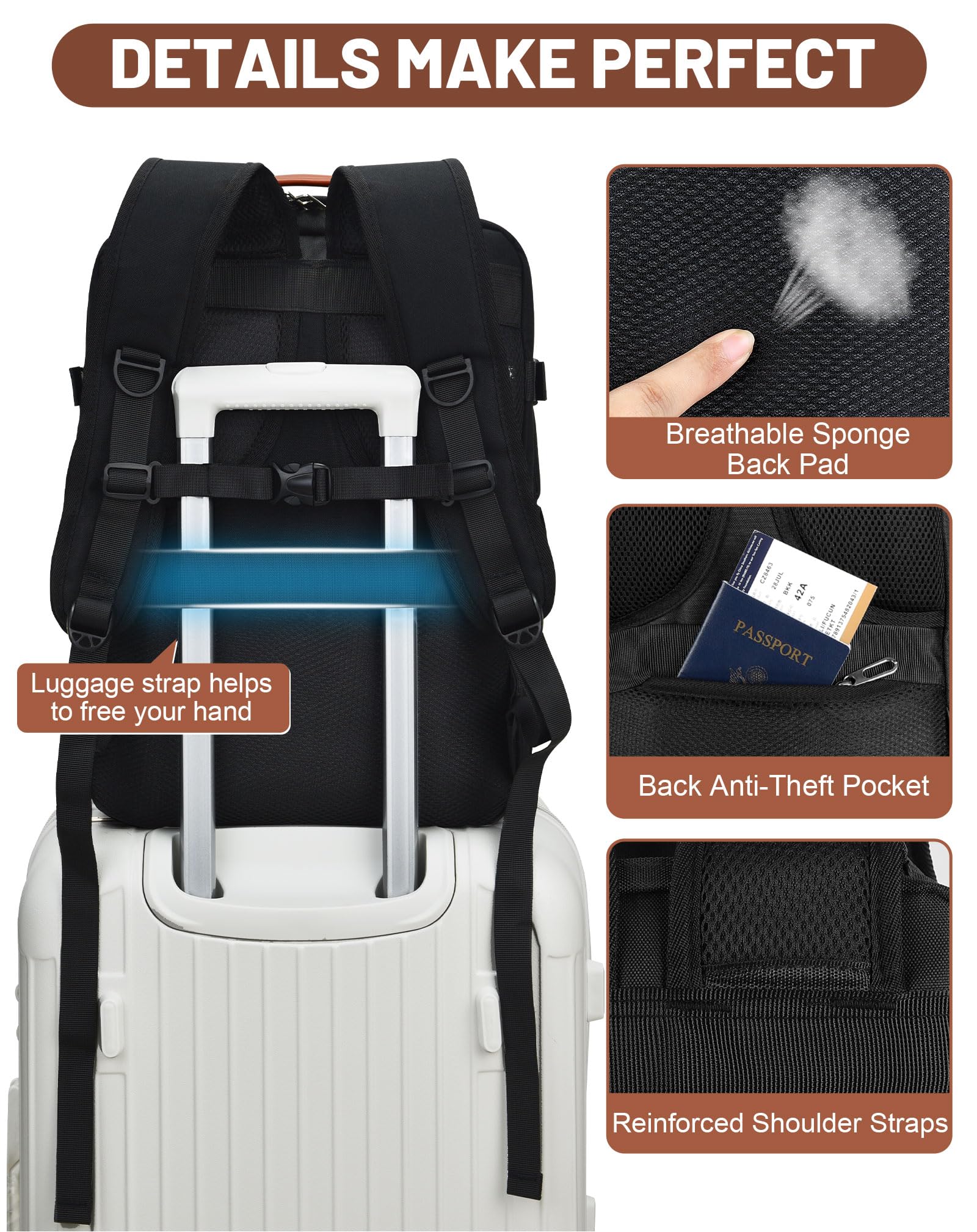 Bagages Cabine 40x30x20+5cm Pour Voyage Avion Sac à Dos Ryanair Homme Femme 20L Capacité Petit Bagage à Main Sous Siège, Sac Ordinateur Portable 15.6" Pour Vueling, WizzAir, Transavia
