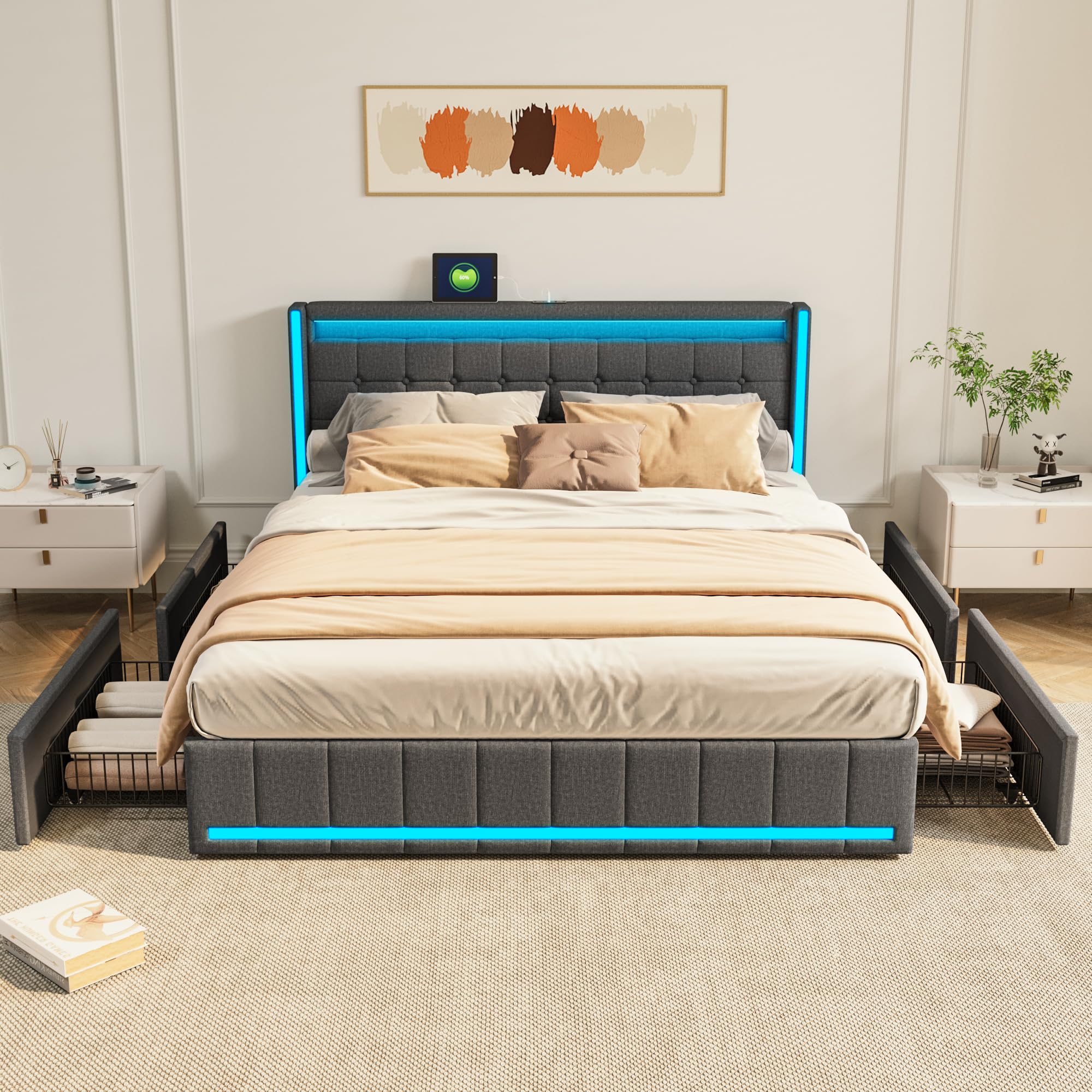 Cama Matrimonio 140x200 con 4 Cajones de Hierro, LED en Cabecero y Pie, USB Largo, Gris Oscuro, Cama con Almacenaje, Base Tapizada, Resistente Somier 140, Tela de Lino, Dormitorio