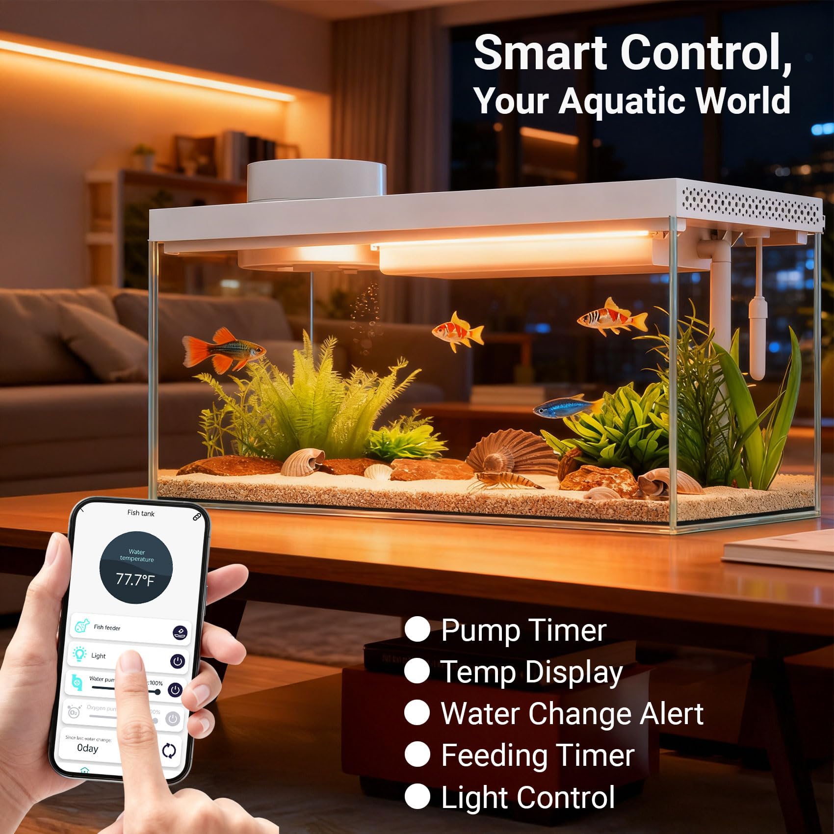 Smart Desktop Aquarium Kit mit App-Steuerung – 1,3 Liter Glas-Fischbecken mit automatischem Futterspender, RGB-Beleuchtung und Temperaturüberwachung – selbstreinigendes Filtersystem für Betta, Guppy