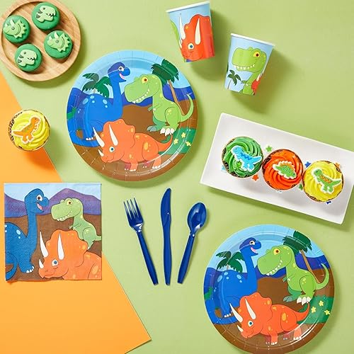 Miniatura 4 de 144 piezas de suministros para fiesta de cumpleaños de dinosaurios para niños con platos, cuchillos, cucharas, tenedores, tazas y servilletas (sirve