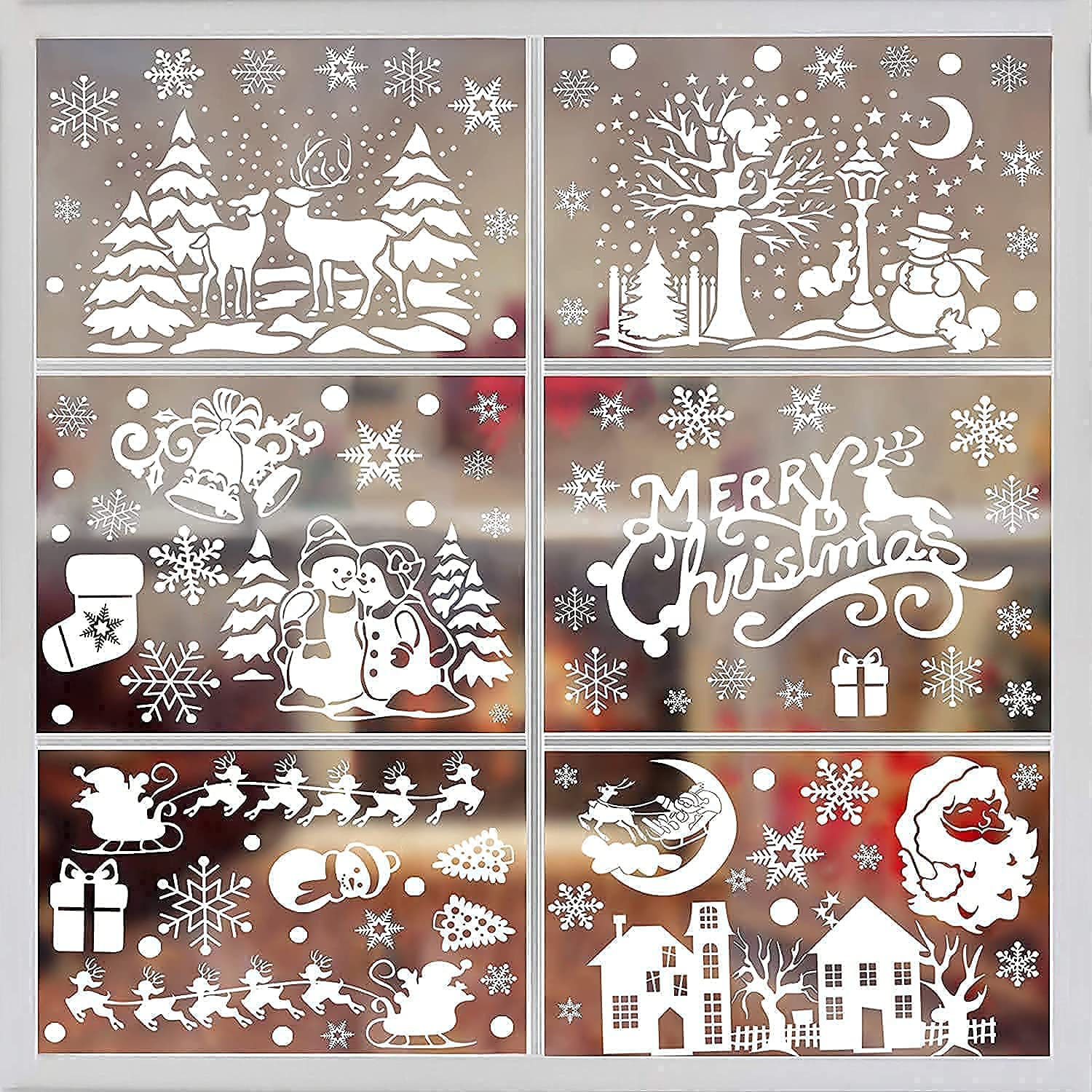 SULOLI Weihnachts-Fenster-Dekoration, 141 statische Schneeflocken-Aufkleber, Frohe Weihnachten, Fenster-Aufkleber für Weihnachtsparty-Zubehör (8 Blatt)