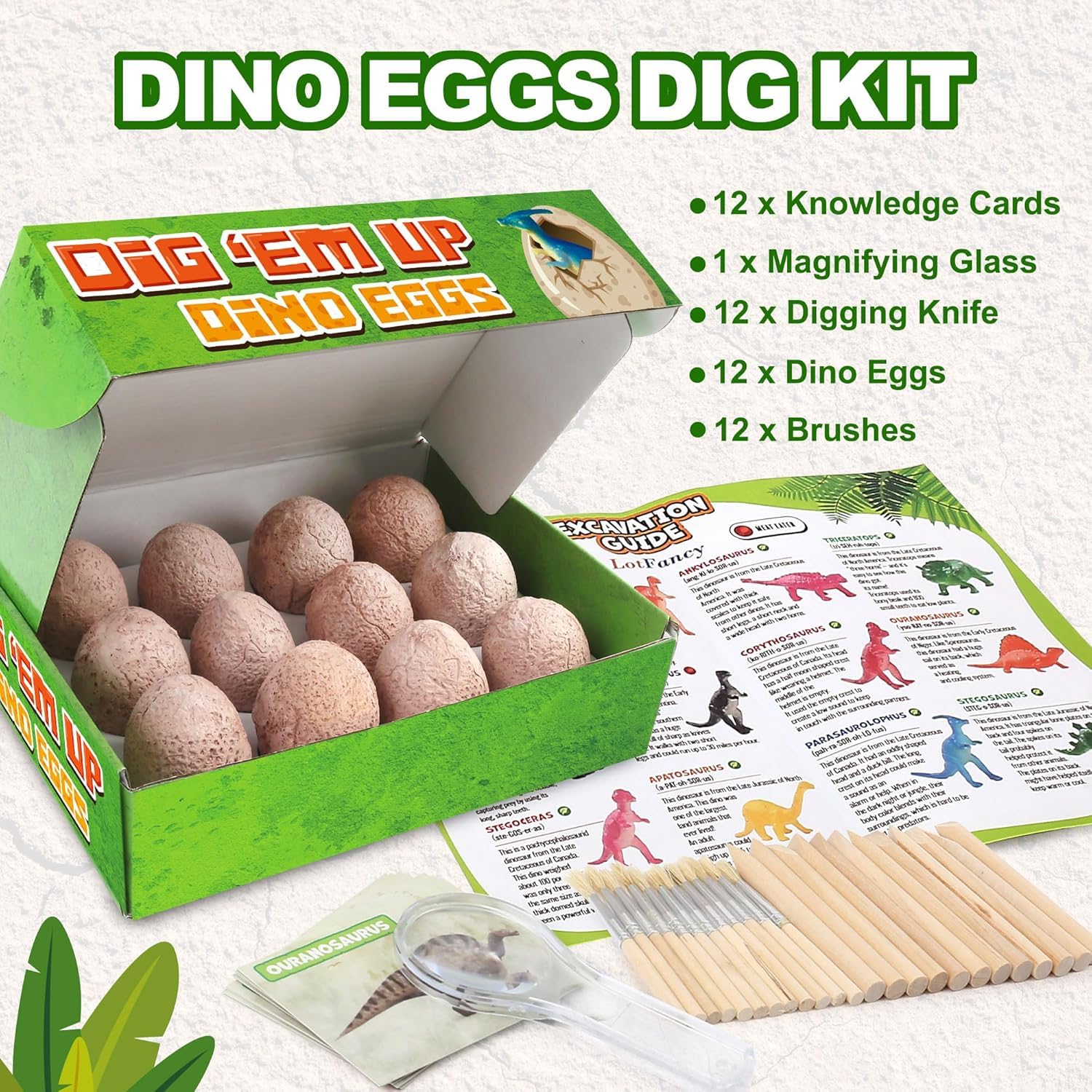 LotFancy Kit Scavo Dinosauri per Bambini, 12 Uova Dinosauro da Scavare, Archeologia Set, Regalo Educativo per Bambini e Bambine dai 6 Anni