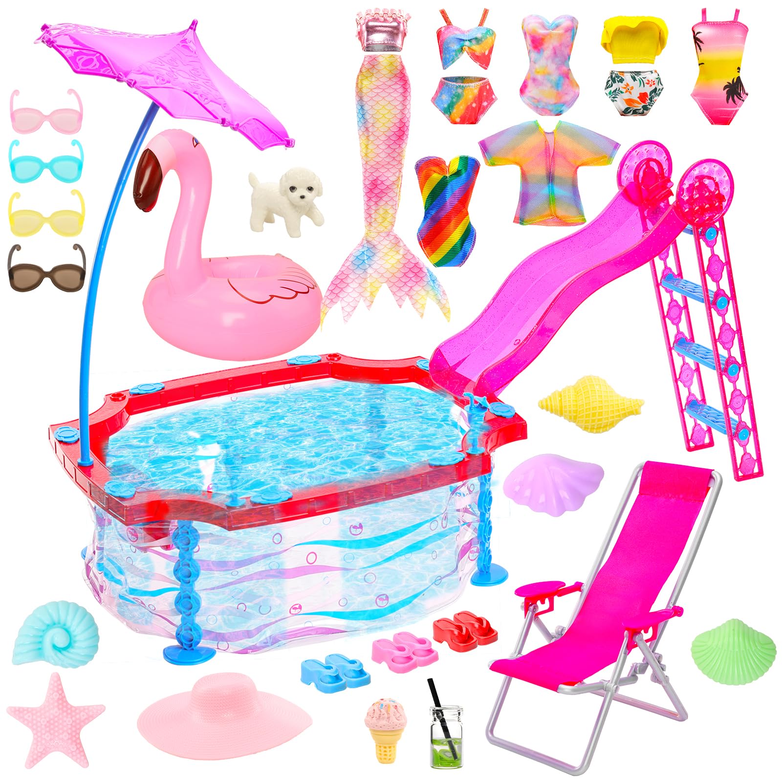 Doll Summer Pool Playset, Doll Glam Swimming Pool with Slide Accessories Includes Mermaid Swimsuit, Swimwear, Chair, Glasses, Towel, Drinks, Swimming