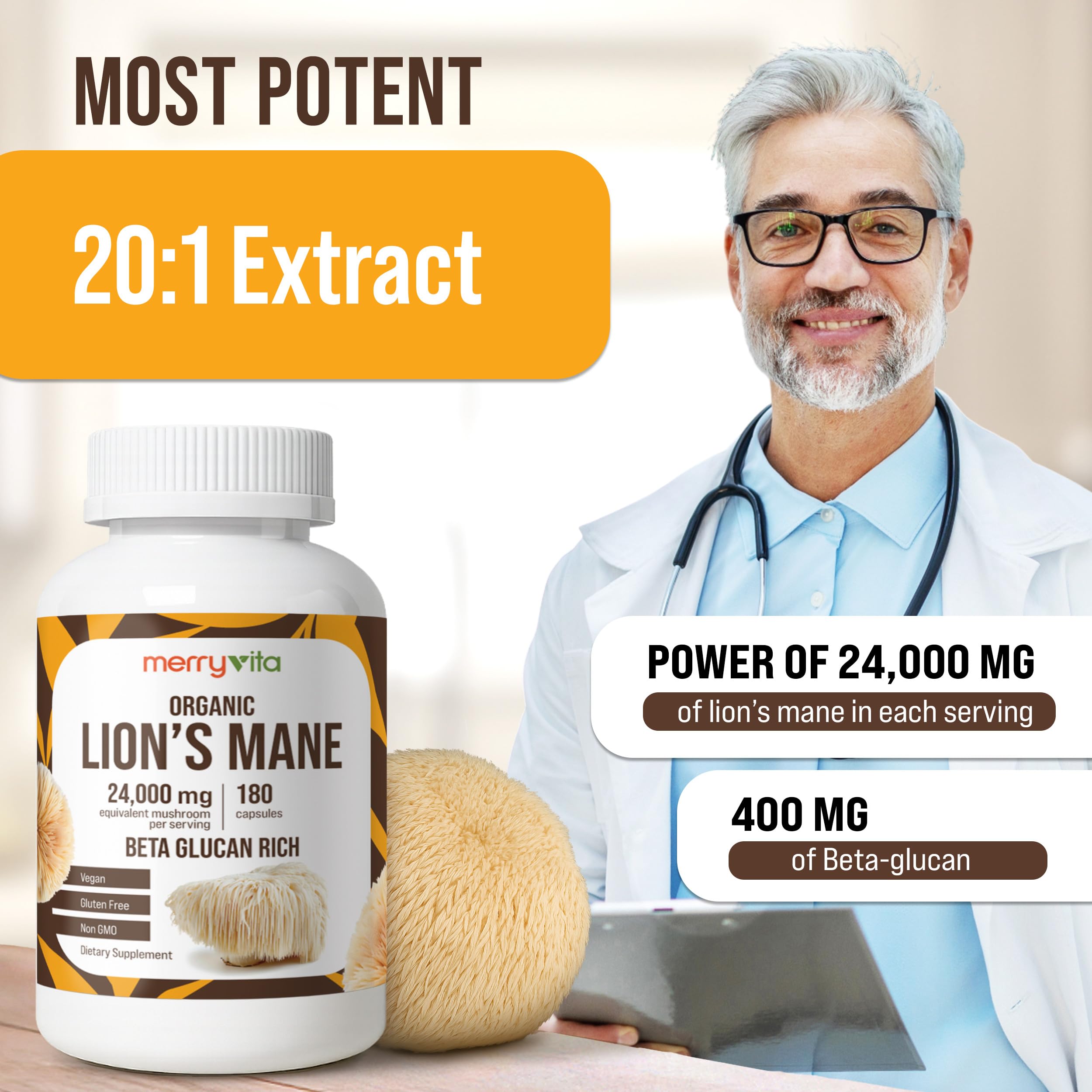 MERRY VITA Lion’s Mane Supplement Capsules – Mushroom Supplement for Immune Brain, Memory & Focus - Non GMO, Vegan Friendly - 180 Capsules — Amazon image 5