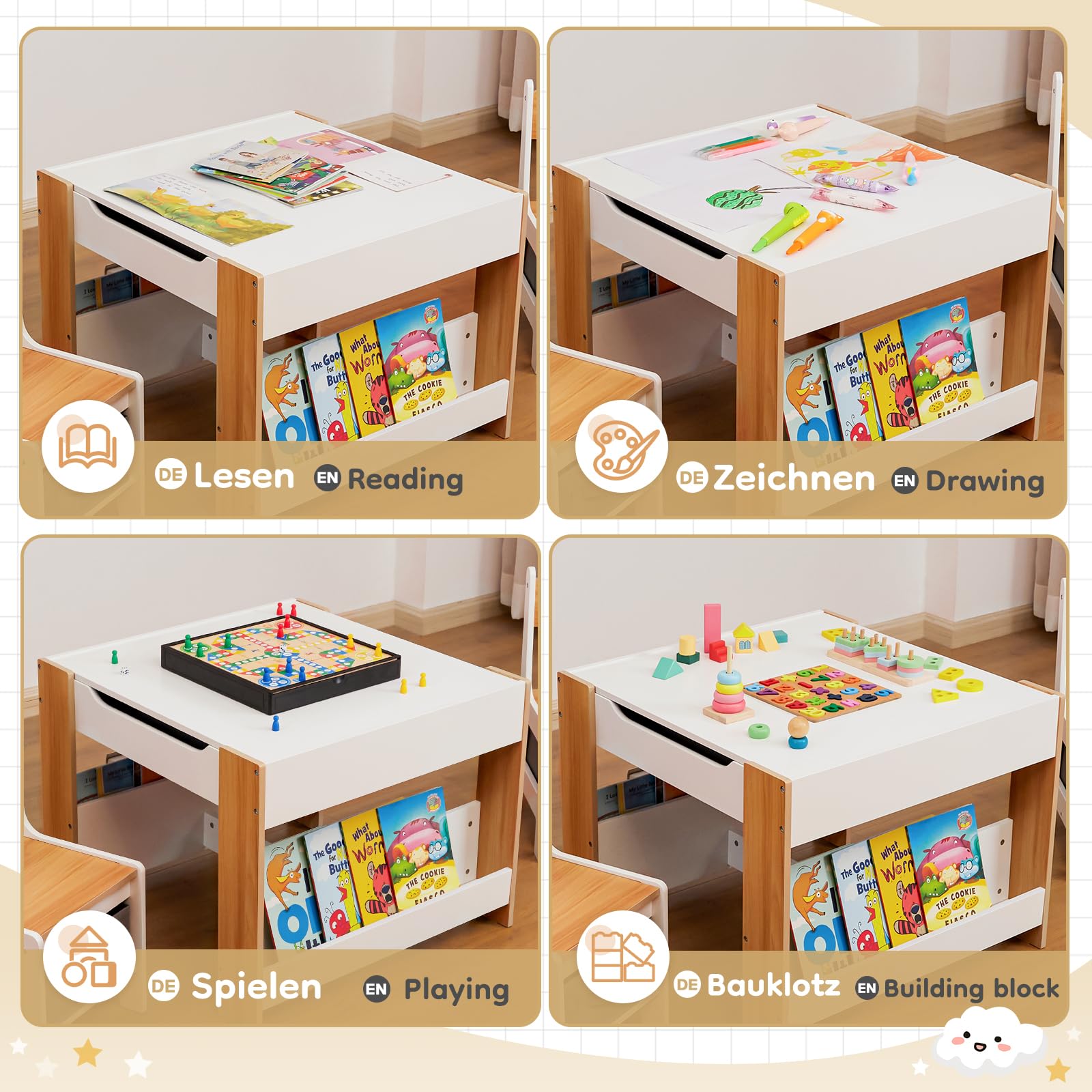 Yorbay Kindertisch mit 2 Stühle, Kindermöbel Set aus Holz mit Stauraum und Bücherregalen, 3 in 1 Maltisch & Aktivitätstisch & Tafeltisch, Kinderzimmer, Spielzimmer, Vorschüler (Natur)