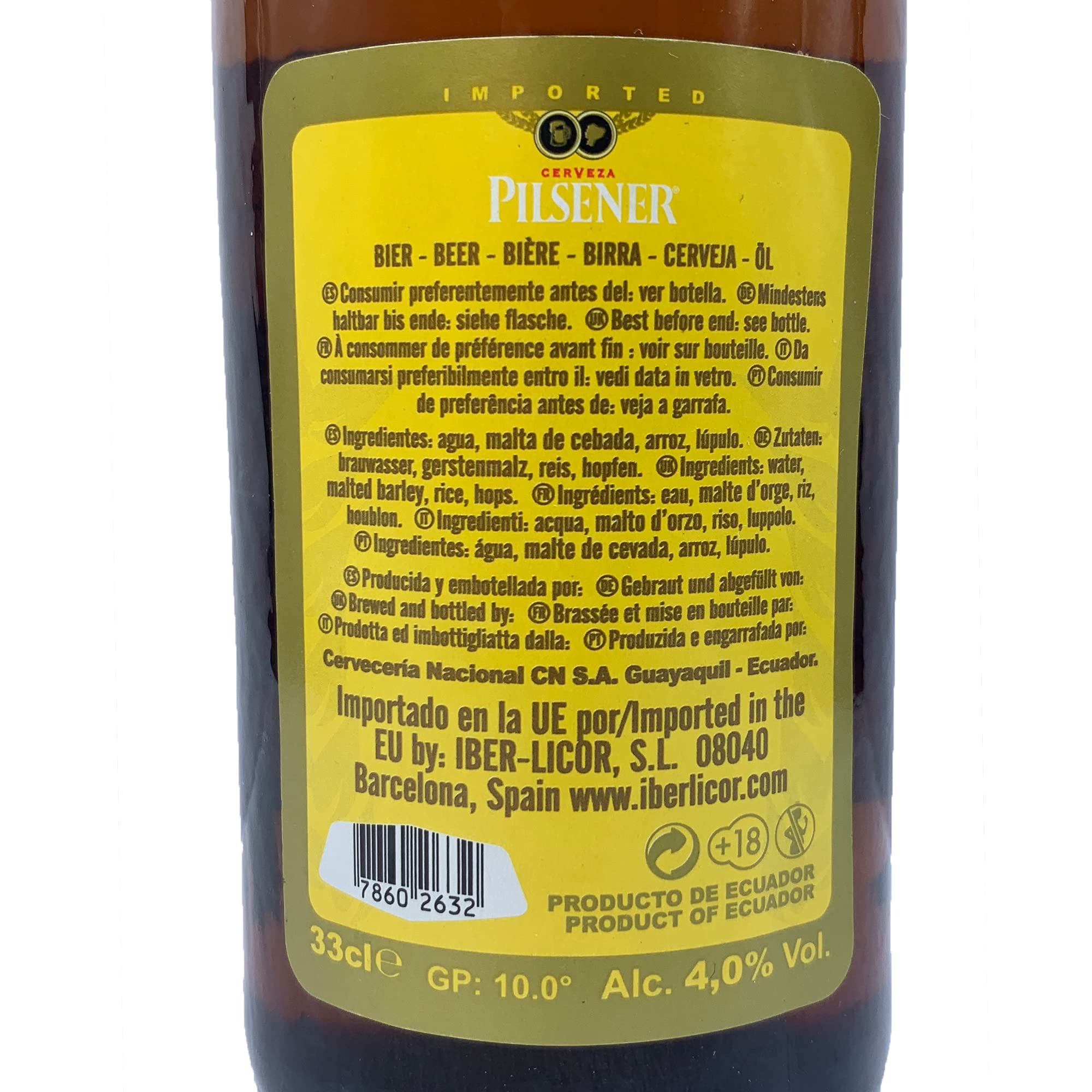 Cerveza de Ecuador, Cervecería Nacional S.A, 4% vol, Botella 330ml - Cerveza PILSENER