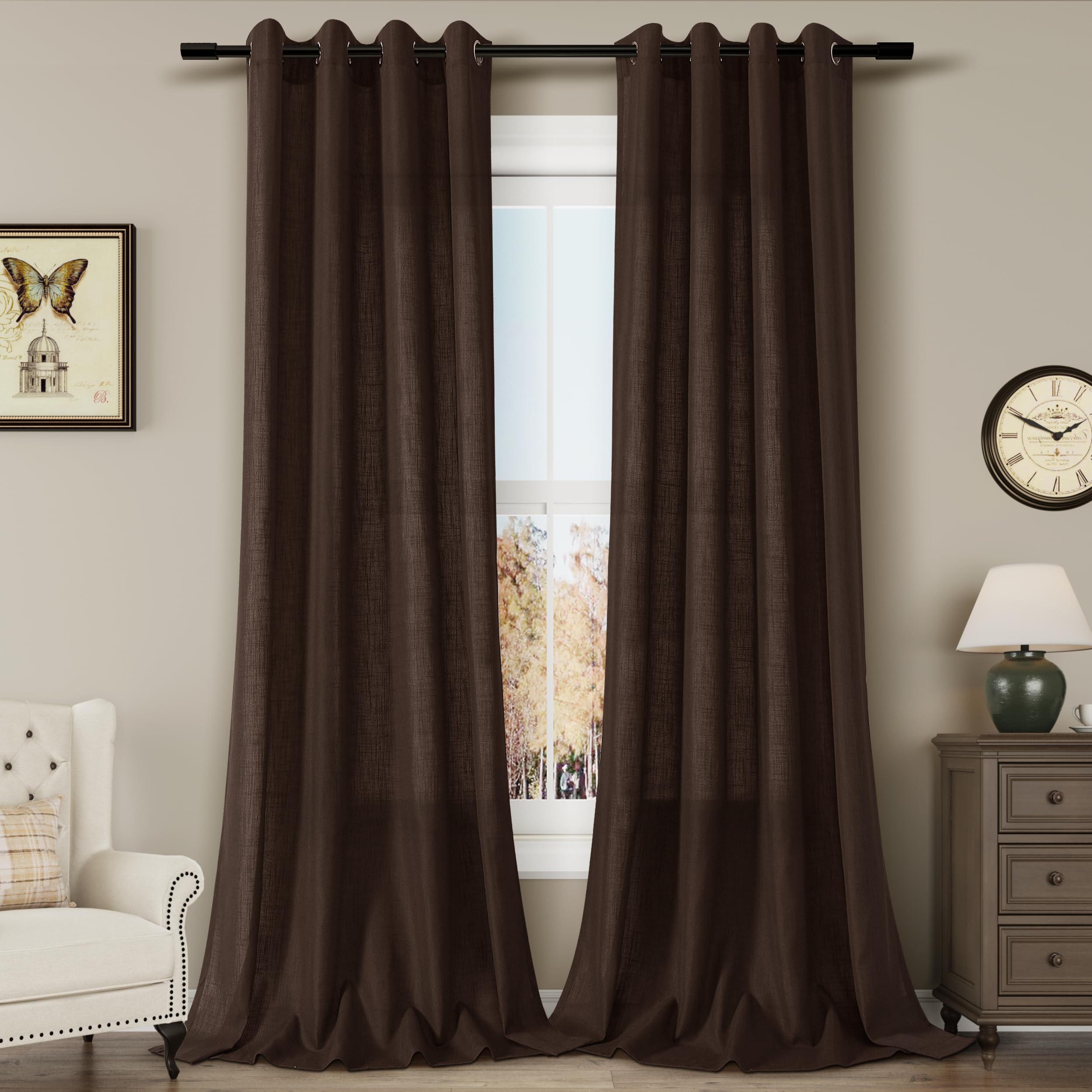 Aersas Linen Curtains for Living Room Brown 84 inch Long Eyelet Curtains โ image 1