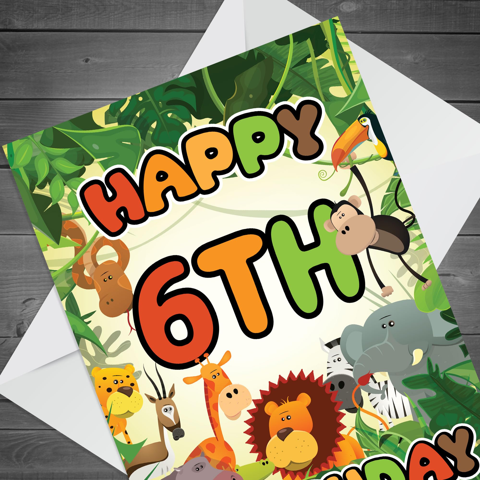 RED OCEAN Biglietto di auguri per il 6° compleanno per ragazzi e ragazze, con animali safari nella giungla, biglietto di auguri per 6° compleanno, per lui e lei, biglietti per bambini (scena