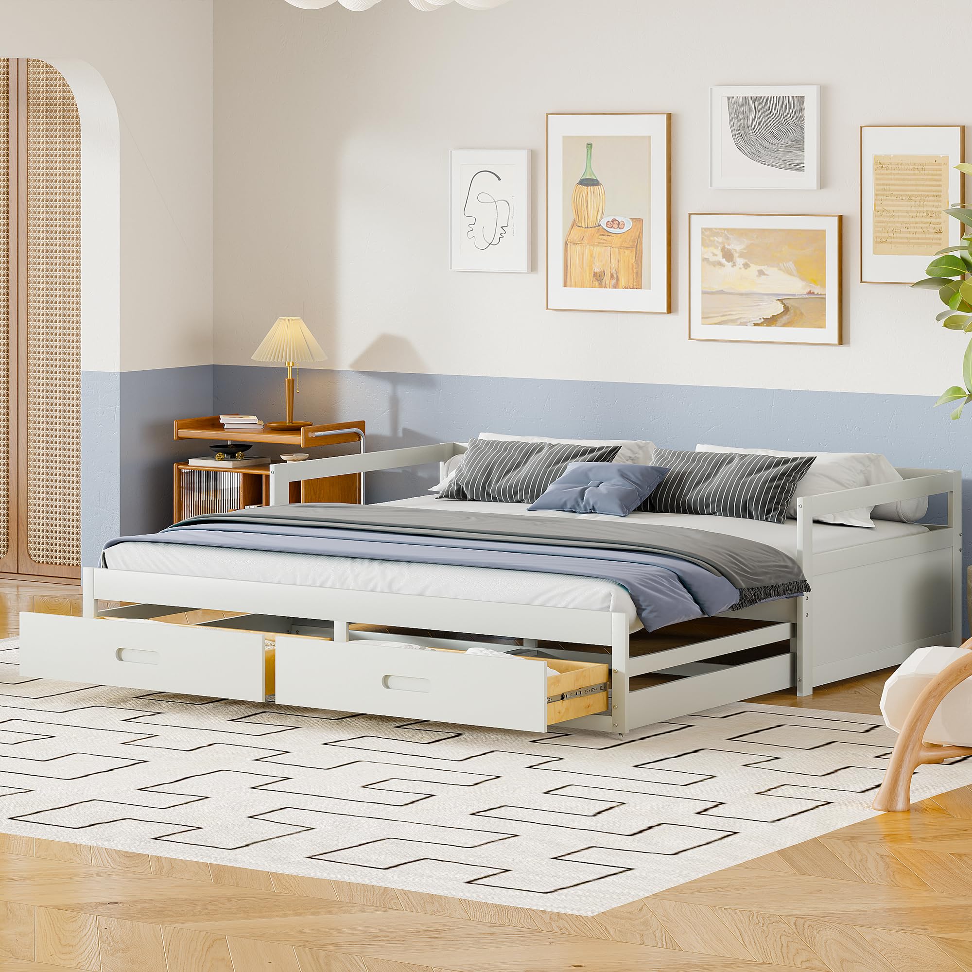 Letto Giorno Divano Letto Estensibile 90/180 x 200 cm, Letto Giorno con Cassetti e Reti a Doghe, Letto per gli ospiti (Bianco)