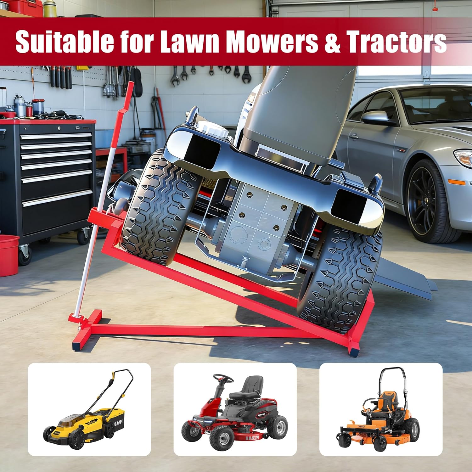 Lawn Mower Lift Jack -Lifting Platform 880 Lbs Capacity for Garden Tractors and Lawn Mowers with Manual Handle & Power Tool Extension Handle (Red)