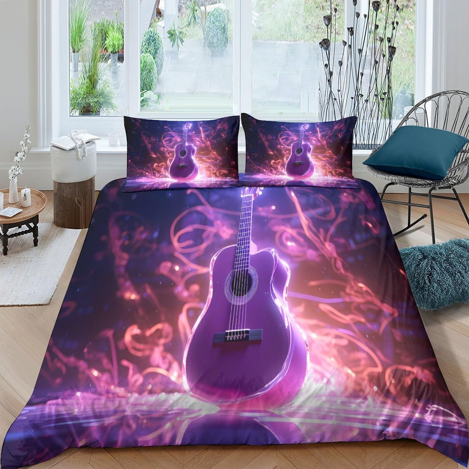 Ctjqhvkz Style-2 3D Printed Purple Guitar Fitted Sheet Microfiber Bedroom Decor Electric Smoke Bed Cover For Home Dorm Mattress Protection Single（135X200cm）