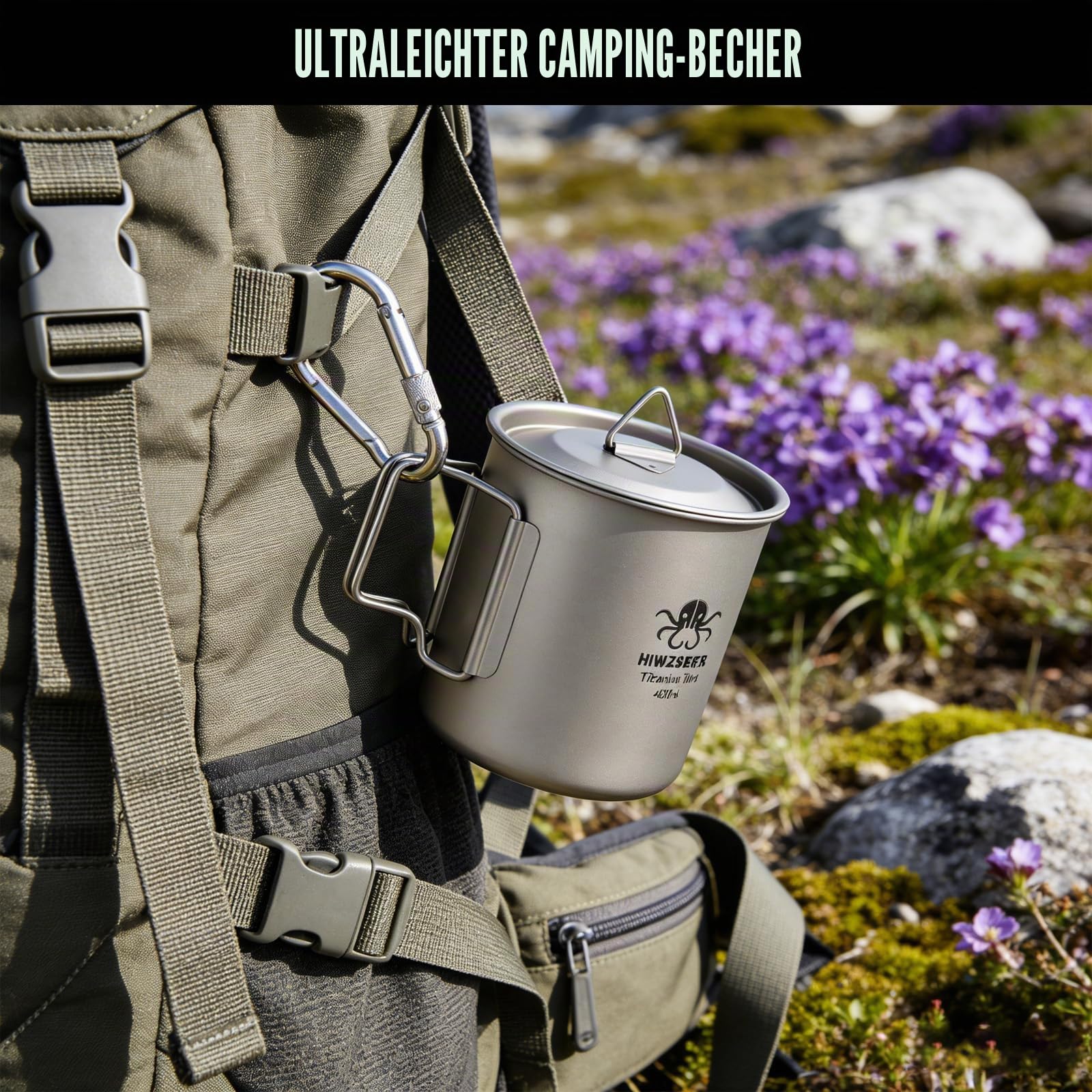 Camping Becher Titanium 420ml, Ultraleichte Titan Tasse mit Klappgriff & Tragbarem Beutel, Perfekt für Camping, Wandern und Picknick