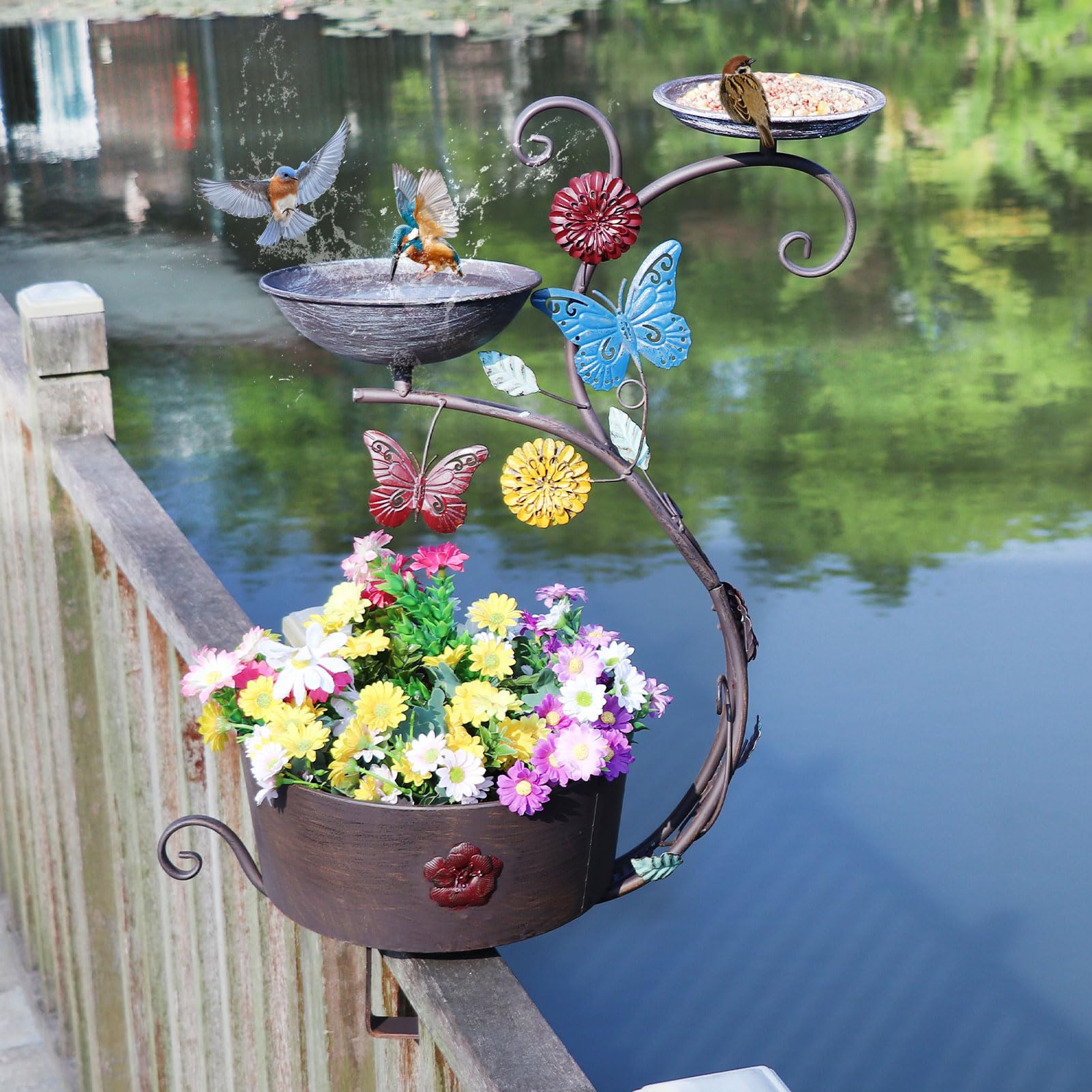 HLQMFHT Baño para pájaros de cubierta, baño para pájaros y comedero para pájaros, pedestal para plantar flores, baño para pájaros montado en la cubierta, para jardín, balcón, patio, decoración de
