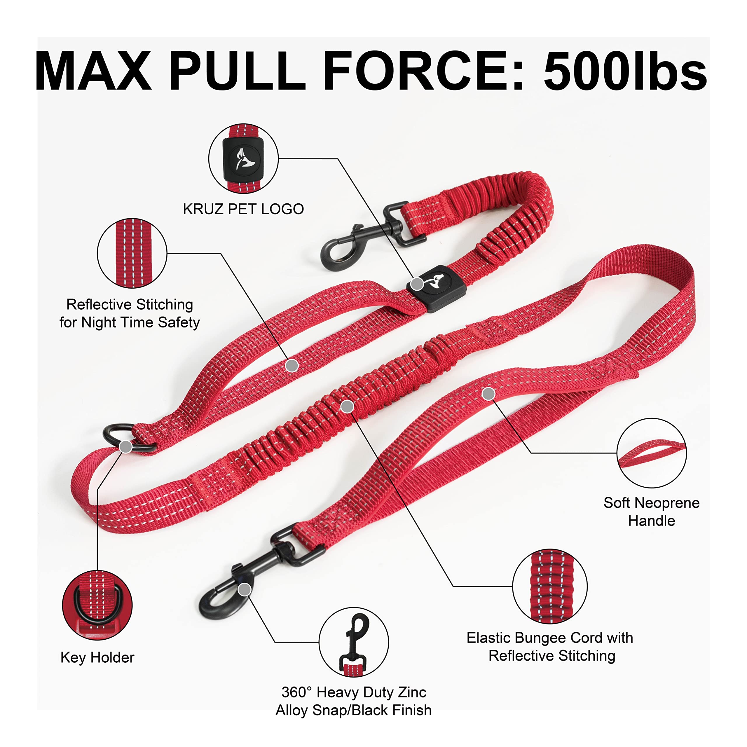 Kruz - Cinturón de Correr y Correa para Perro Manos Libres, Correa elástica retráctil Que Absorbe los Golpes con cinturón para Correr, Caminar, Entrenar, Senderismo, cómodo, Ajustable y Duradero