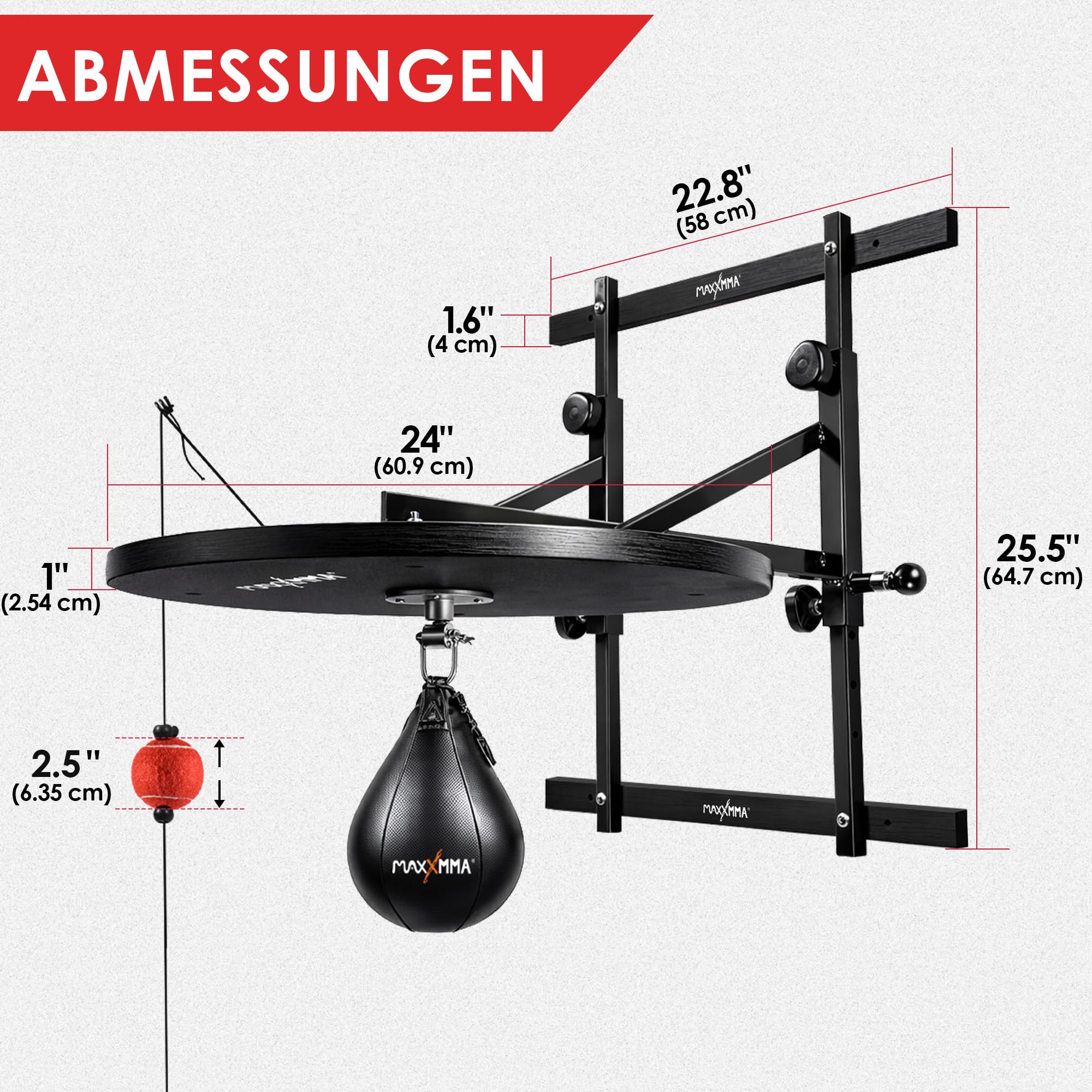 MaxxMMA Speed Bag Platform Kit für Intensives Boxtraining, zur Wandmontage, Höhenverstellbar, Stabile 24" Holzplattform, Ideal für das Heim-Fitnessstudio + patentierter Reaktionsball