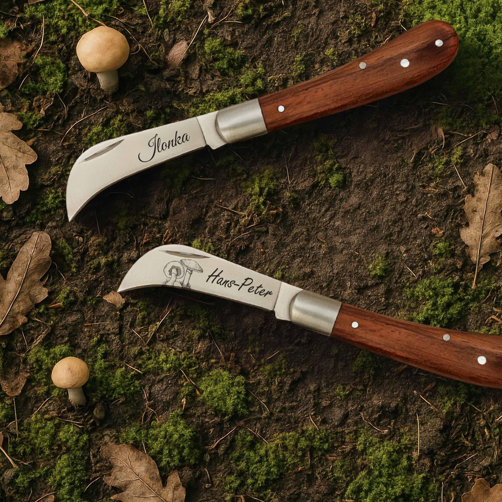 ADAM WILD Pilzmesser mit Gravur | personalisiertes Geschenk für Pilzsammler | Schonende Pilzernte | klappbares Taschenmesser, gebogene Edelstahlklinge & Holzgriff | Outdoor & Naturfreunde | Lasergravur