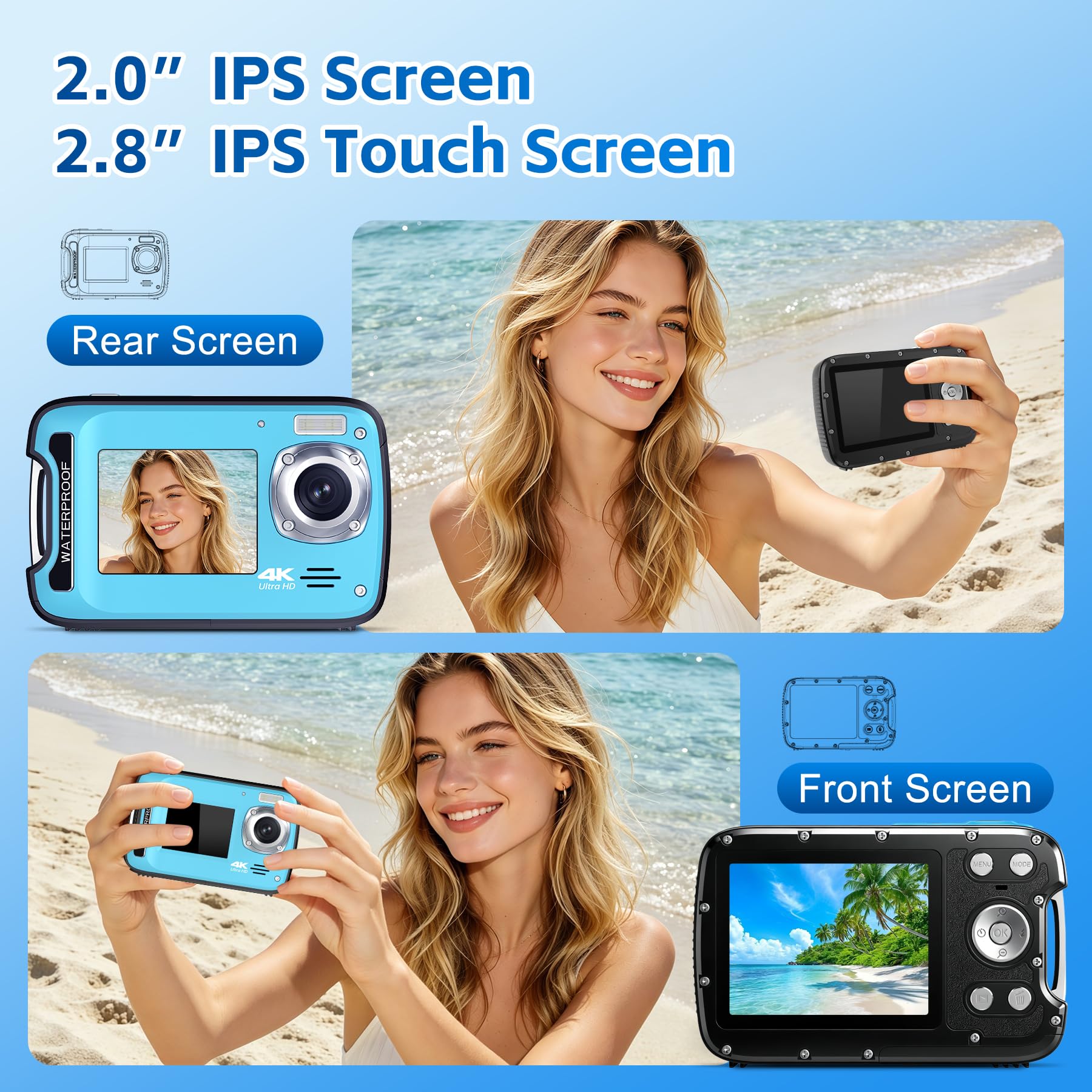 Fotocamera subacquea 4K 17FT Fotocamera impermeabile con scheda da 32 GB Autofocus da 48 MP Fotocamera subacquea per selfie a doppio schermo Fotocamera subacquea per snorkeling Fotocamera digitale