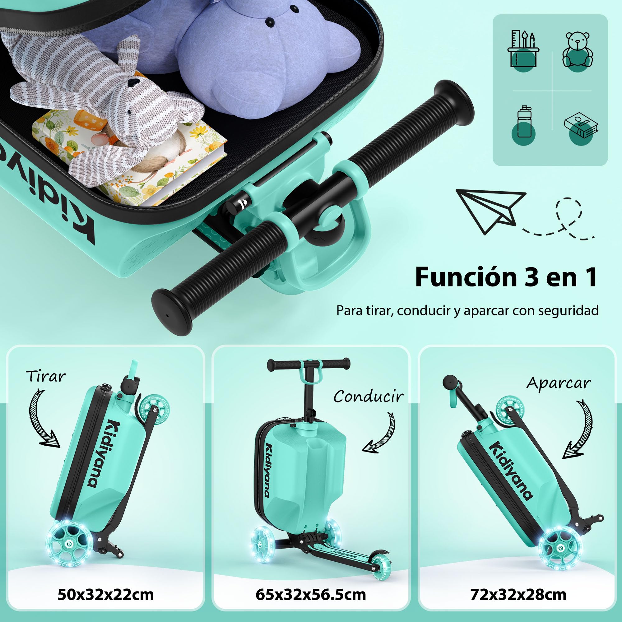Maleta para patinete, con ruedas LED, manillar ajustable en altura, ventana A5, 7 cm de espacio de almacenamiento, adecuado como equipaje de mano, regalo para niños de 2 a 8 años, color verde