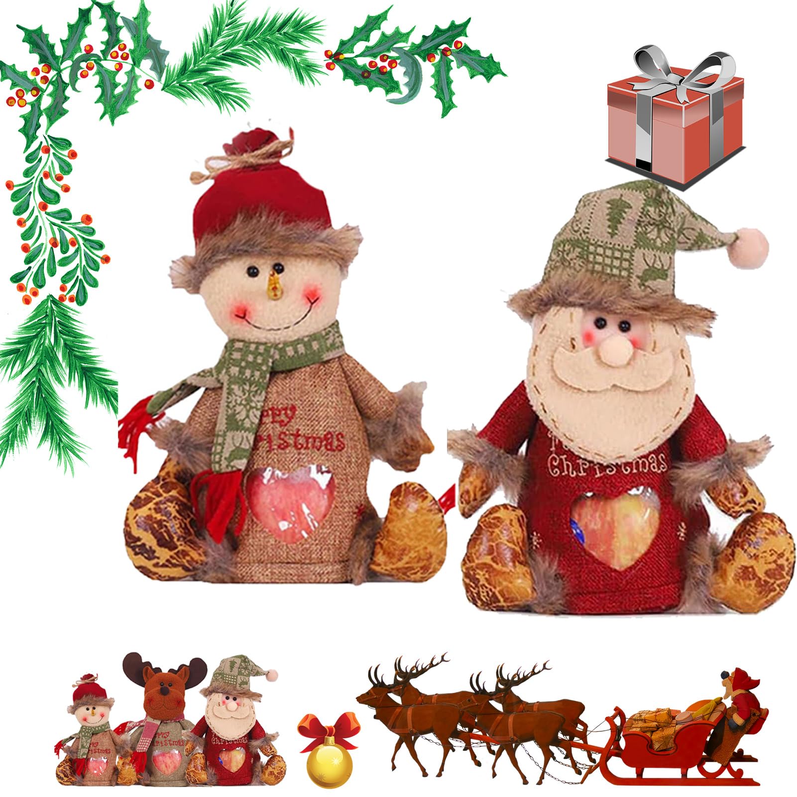Christmas Gift Bags Zipper Design, Christmas Gift Doll Bags with Drawstring, Small Christmas Gift Bags, Santa Snowman Doll Storage Bag,Reusable Fabric Xmas Favor Bags (Set-A)