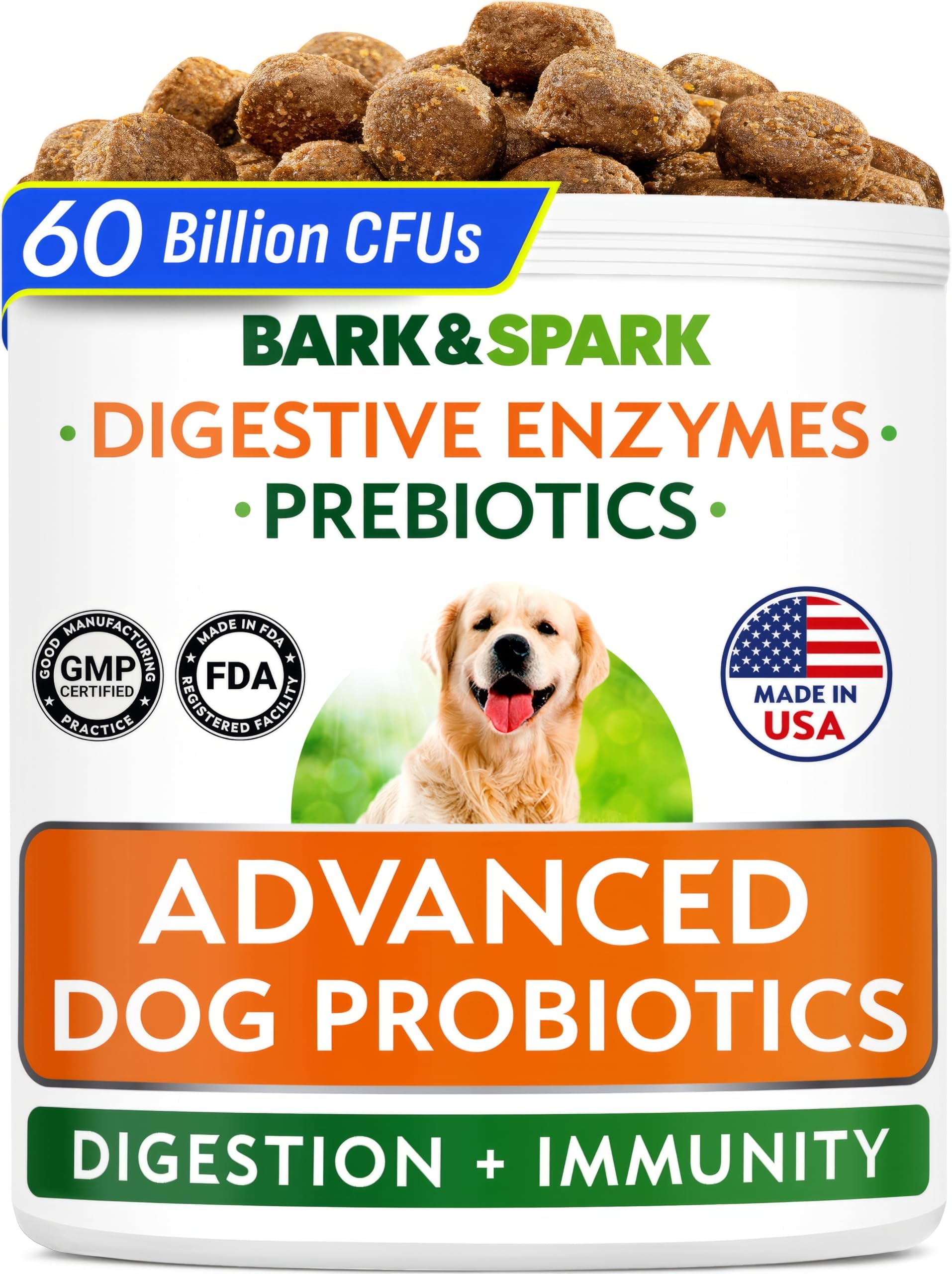 Bark&Spark Vet Strength Dog Probiotics Chews - 60 Billion CFU per jar - Digestive Enzymes for Dogs Gut Health - Chewable Supplement for Diarrhea, Gas, Constipation, Upset Stomach Relief (120 Ct)