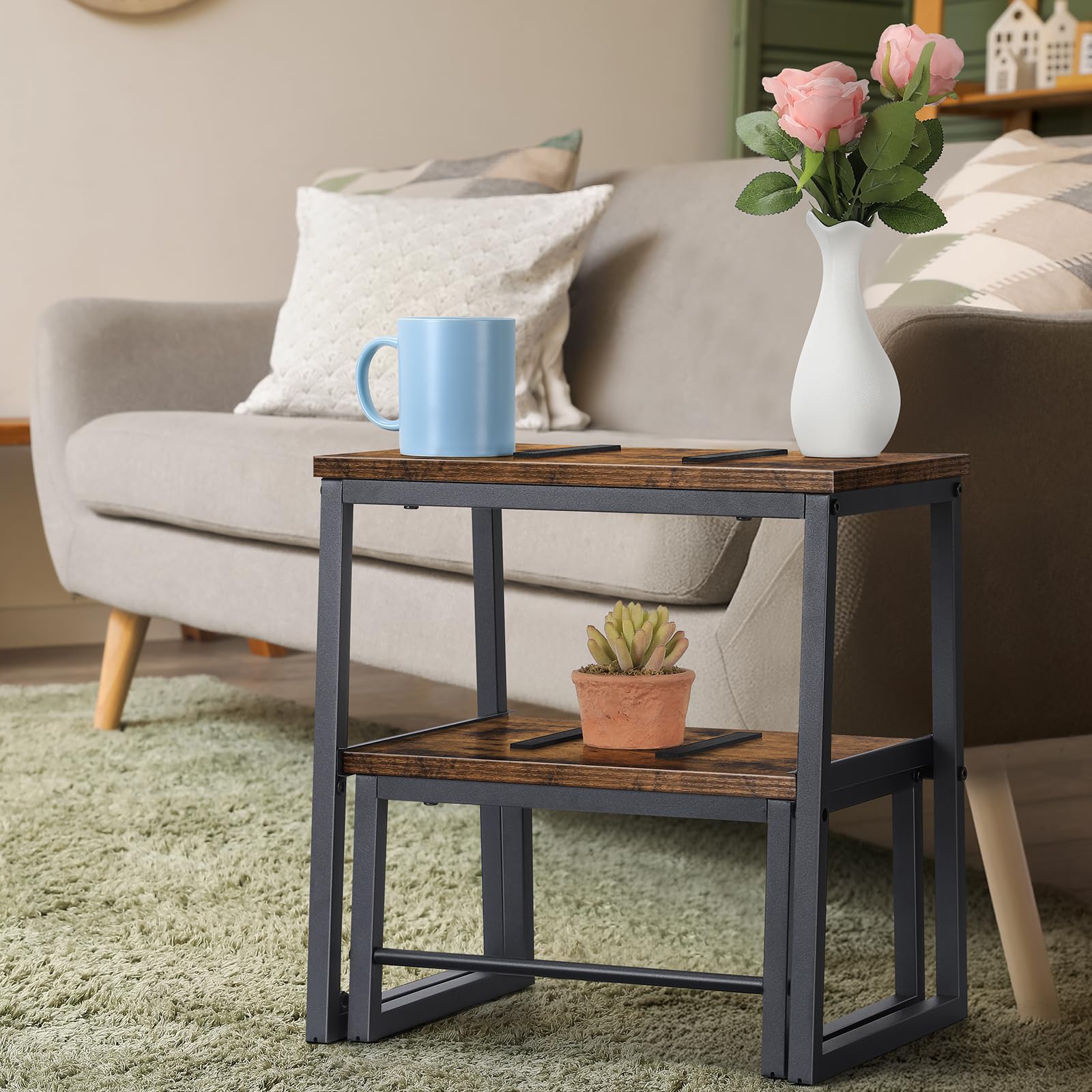 LIANTRAL Sgabello 2 in 1 per adulti e bambini, robusta struttura in metallo, supporto fino a 158,8 kg, sgabello alto, per casa, ufficio, camper, marrone rustico