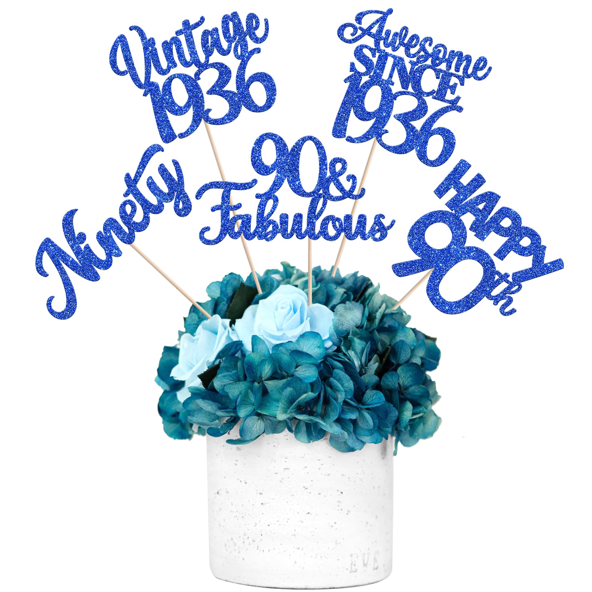 15 PCS 90th Birthday Centerpiece Sticks Ninety Happy 90 Vintage 1936 Table Flower Centerpieces Sticks Cheers to 90 Fabulous Floral Decorations for 90th Birthday Party Supplies Blue