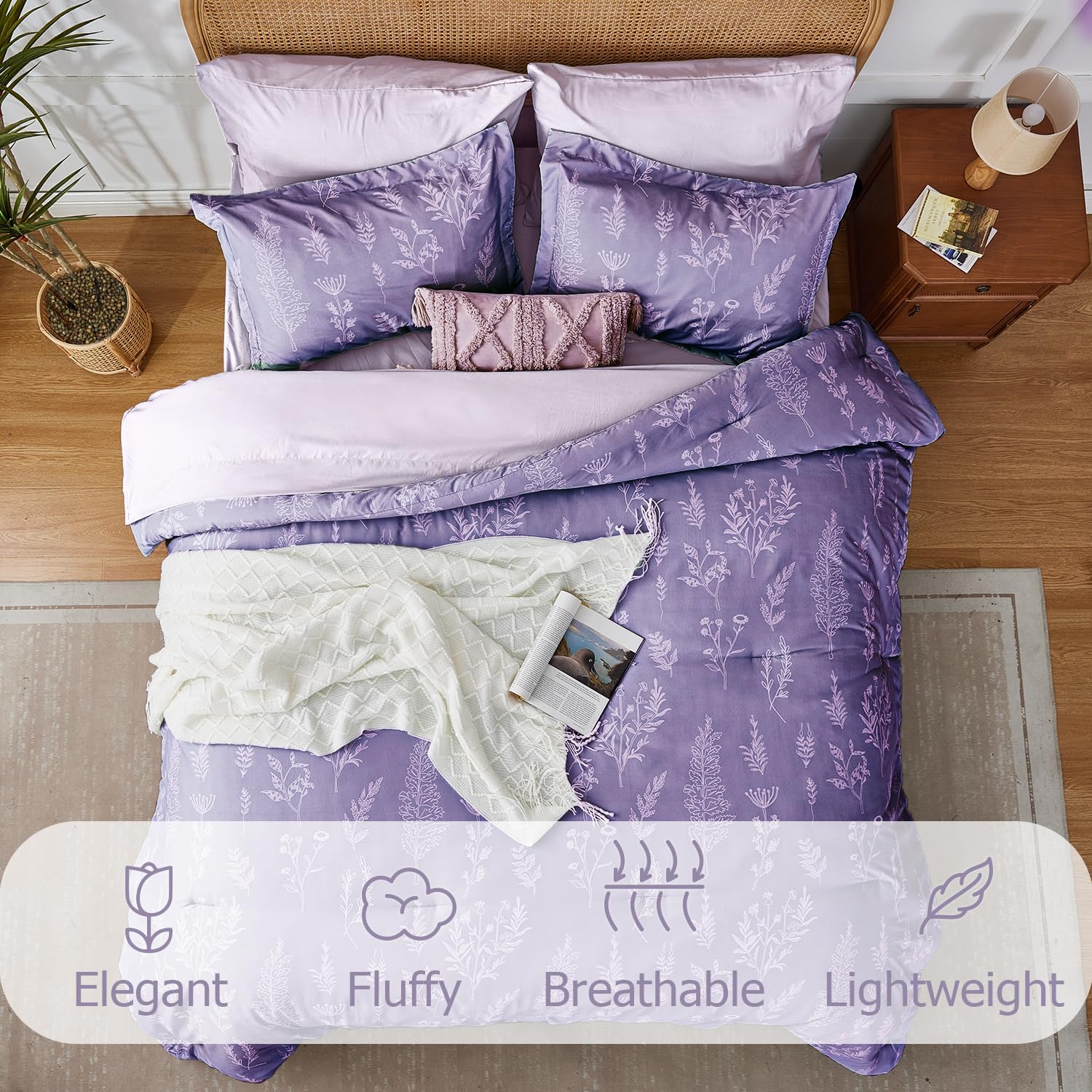 Floral Comforter Set Full Lavender, Cute Flower Bed in a Bag Full Boho 7 Pieces, Soft Fluffy Bedding Sets with Comforter, Sheets, Pillowcases & Shams, All Season, Purple