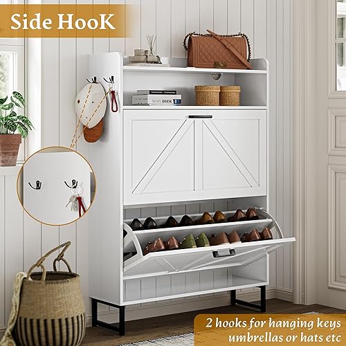 Miniatura 7 de Zapatero con 2 cajones abatibles, armario de almacenamiento de zapatos de madera estrecho independiente de 45 pulgadas con patas y ganchos de metal,