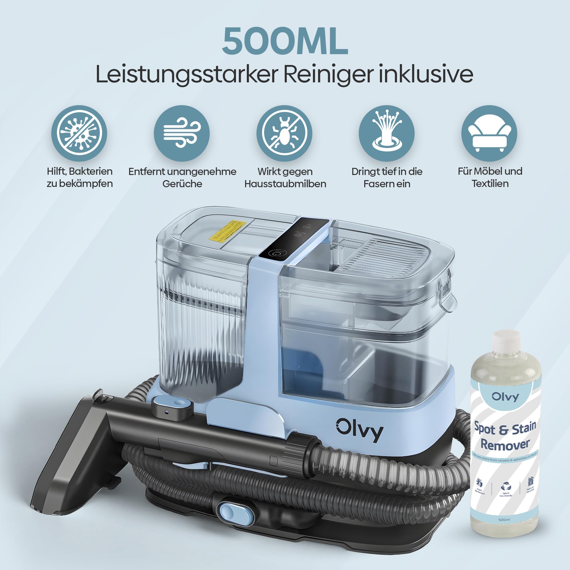 Olvy Teppichreiniger 2.0 - Leistungsstarker 17.000 PA Fleckenentferner mit 1,6m Schlauch, 4m Kabel, Selbstreinigungsfunktion & 500ml Reinigungsmittel - Teppich, Sofa, Matratze & Auto