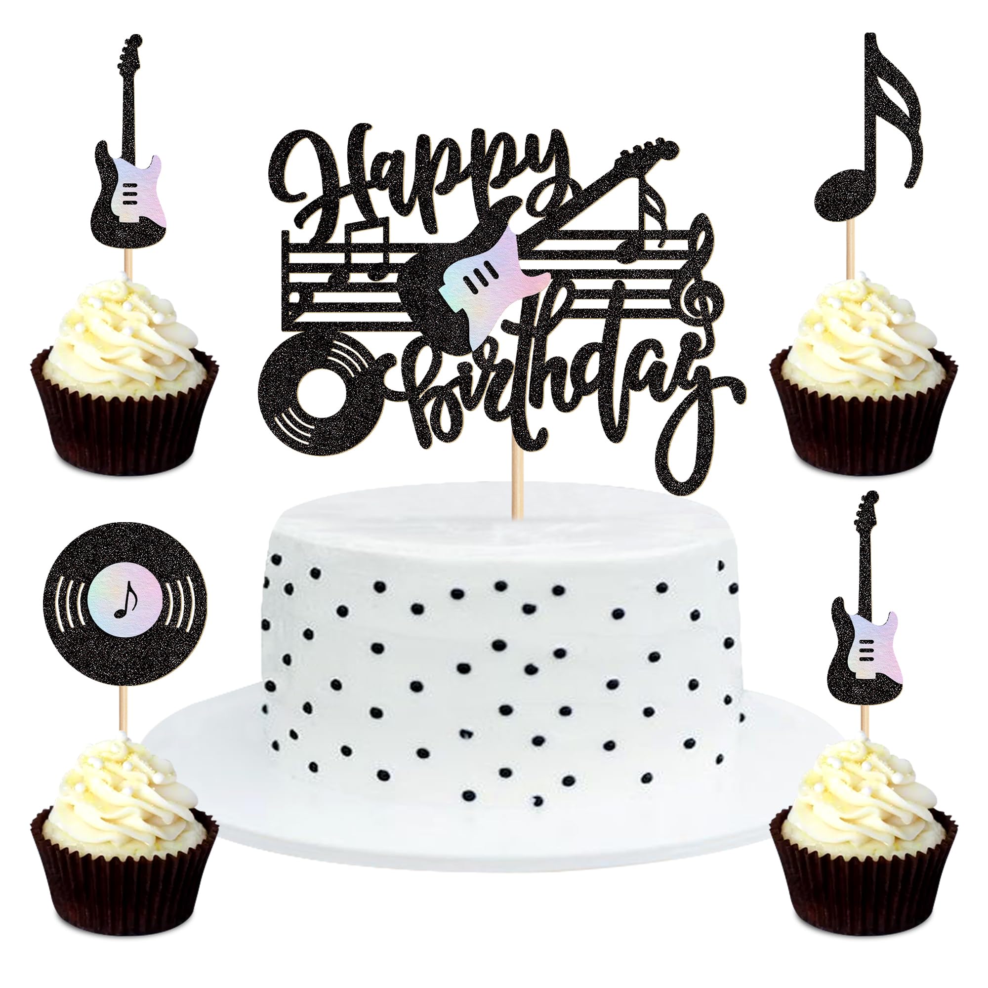 Blumomon 25pcs Music Birthday Cake Topper Staff Guitar Record Cupcake Decorations Music Lover's Brithday Baby Shower Cupcake Decorations for Concert Music Theme Birthday Supplies